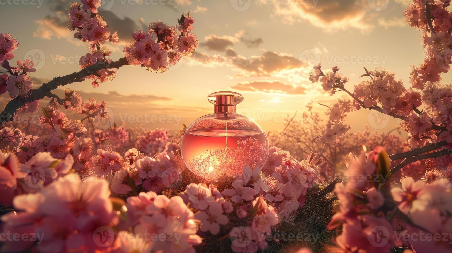 Elegant perfume bottle surrounded by blooming cherry blossoms at sunset, evoking tranquility photo