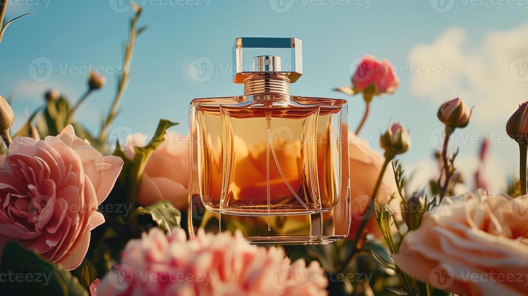 Elegant perfume bottle surrounded by blooming roses under a bright sky, evoking luxury and nature photo