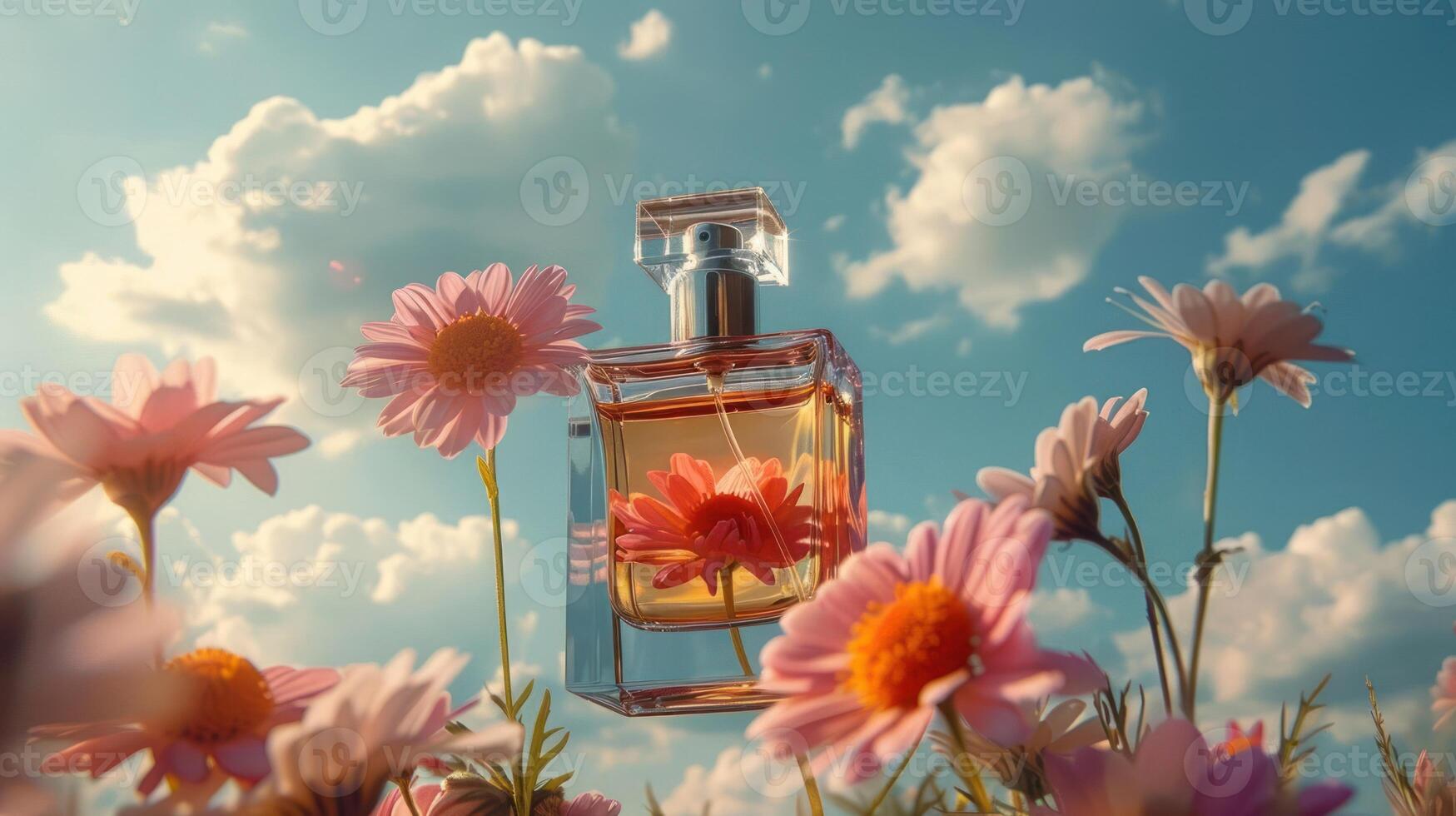 Elegant perfume bottle surrounded by vibrant flowers under a bright, cloudy sky photo