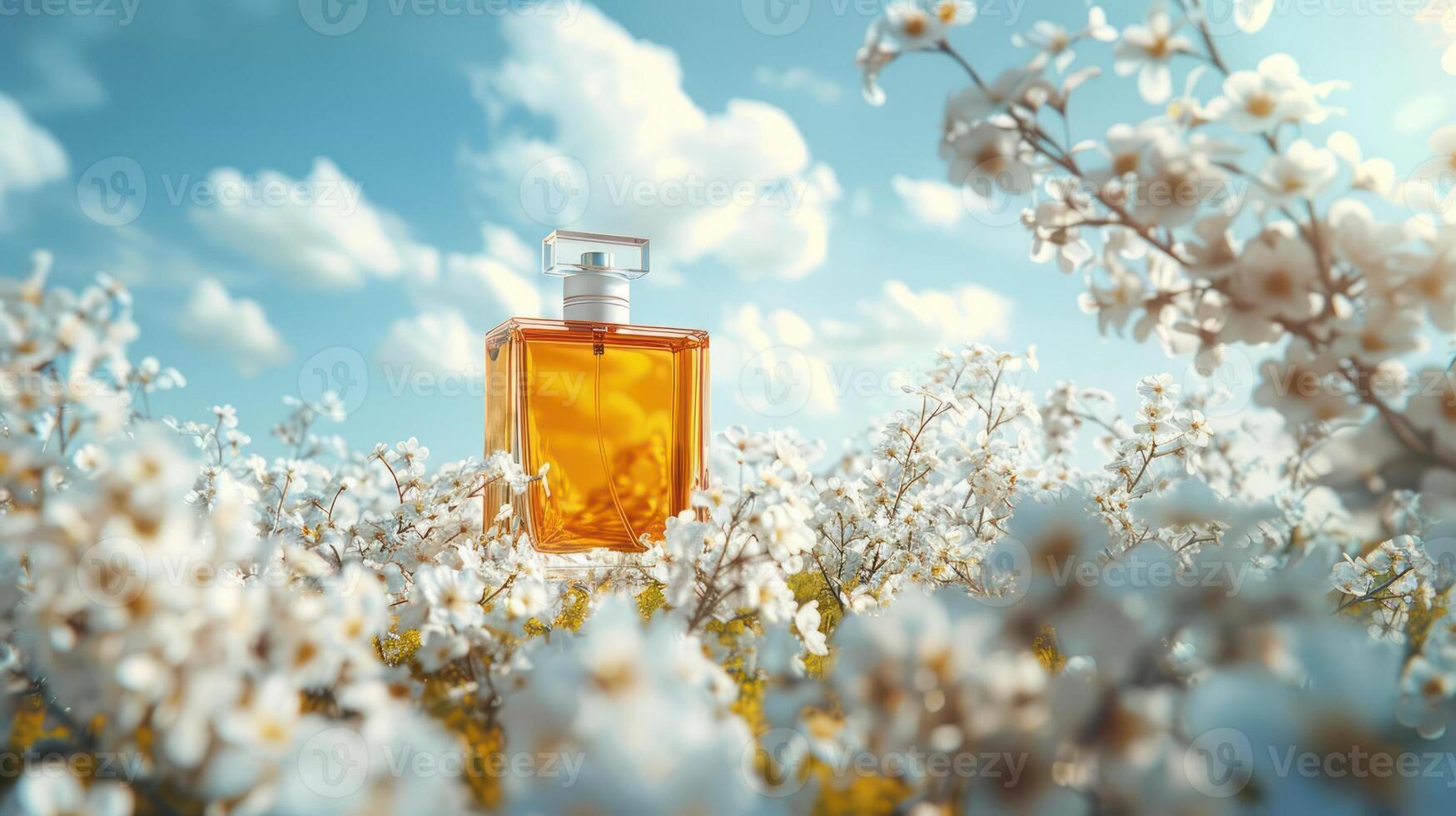 Fragrant perfume bottle surrounded by blooming white flowers under a blue sky photo