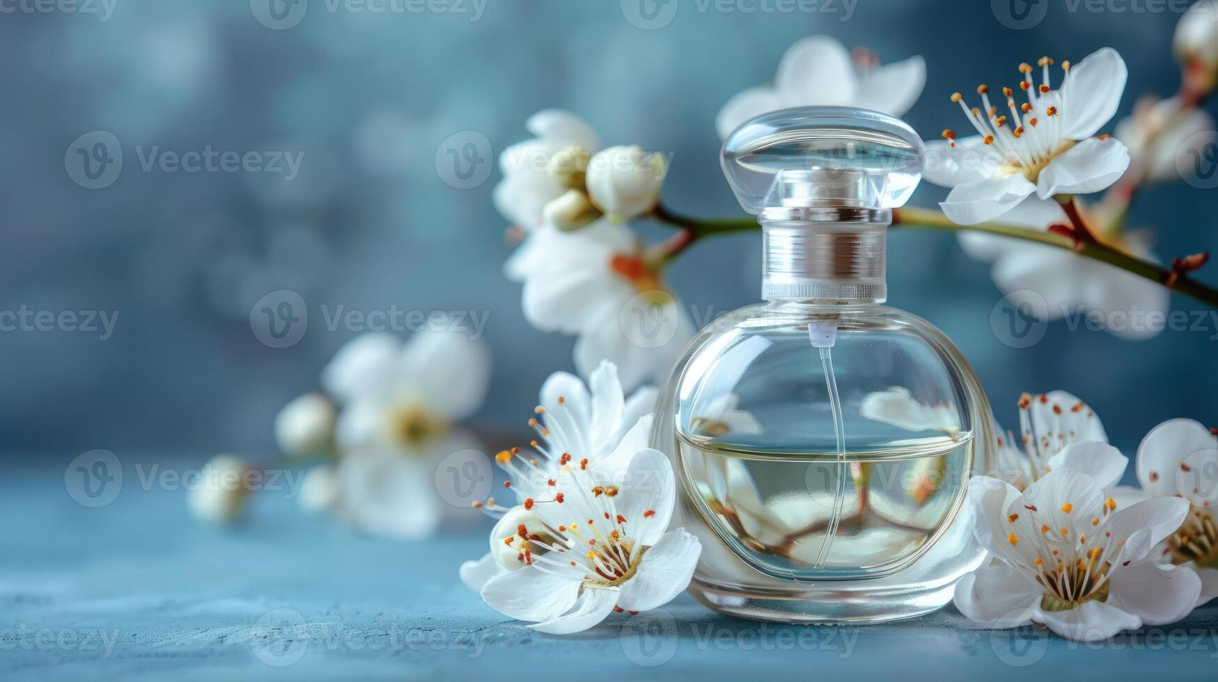 Elegant glass perfume bottle surrounded by delicate white flowers on a soft blue background photo