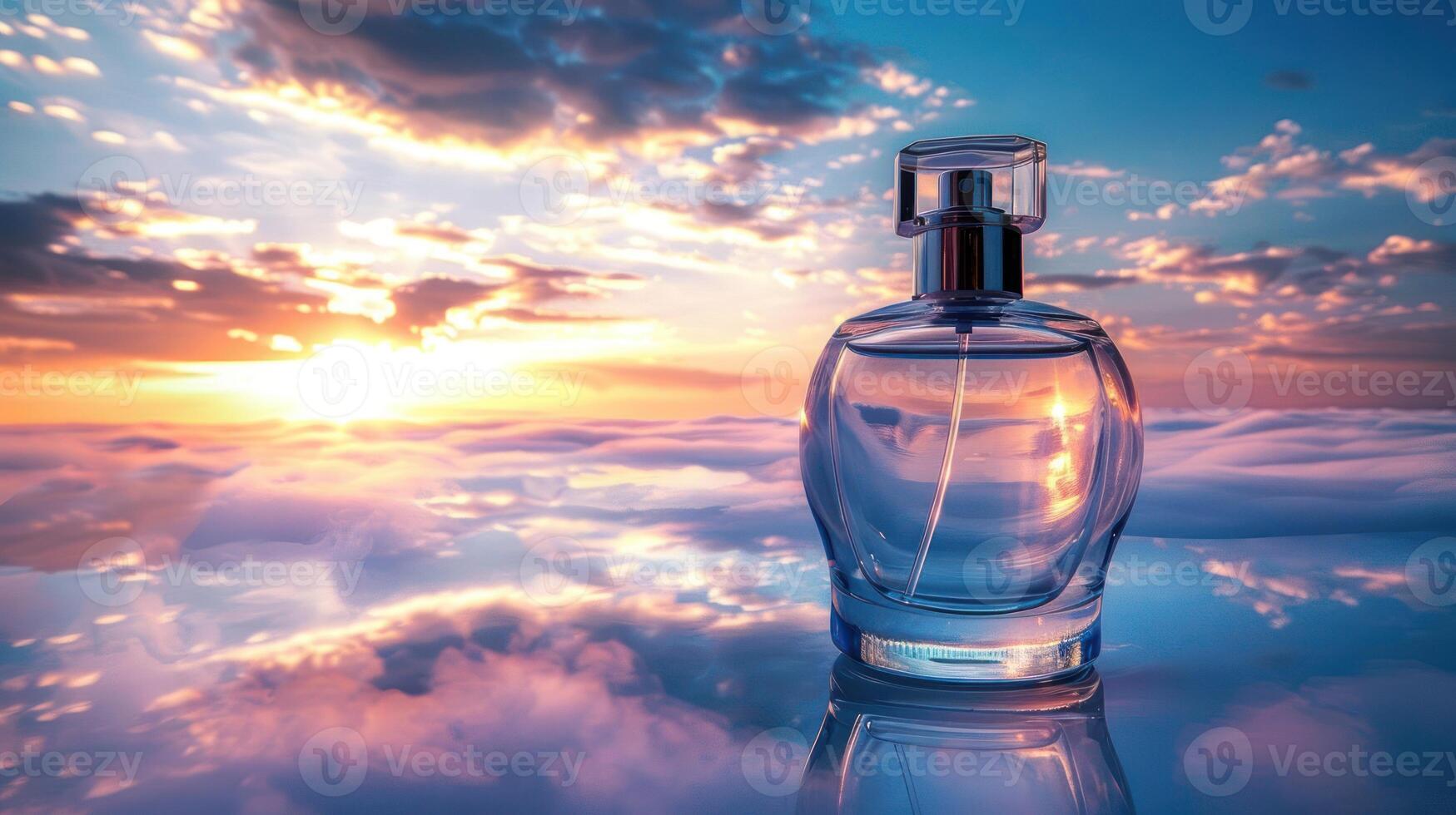 Elegant perfume bottle reflecting sunset over clouds, creating a serene and dreamy atmosphere photo