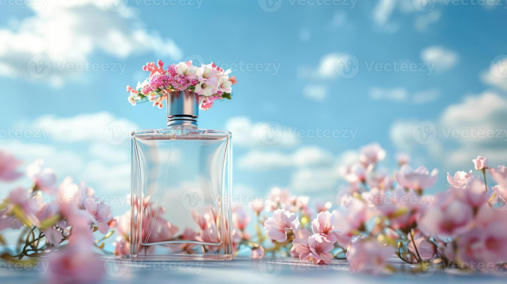 Elegant glass perfume bottle adorned with flowers, set against a serene sky and blooming blossoms photo