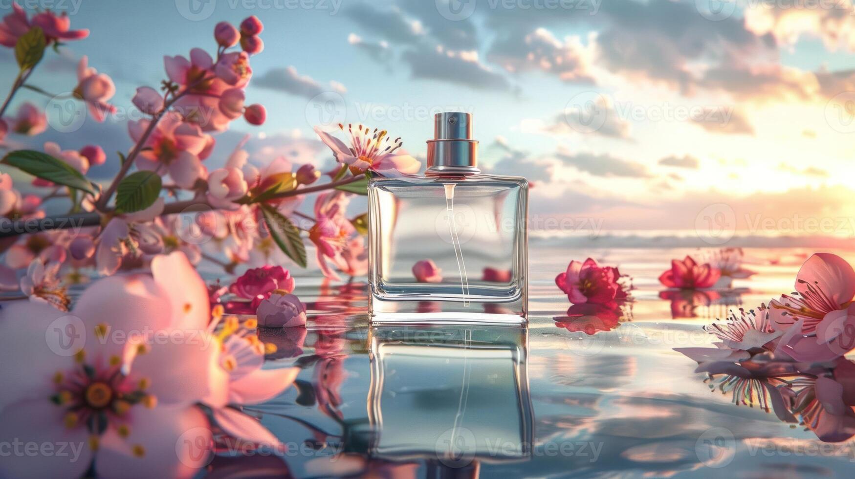 Elegant perfume bottle surrounded by blooming flowers at sunset by the tranquil water's edge photo