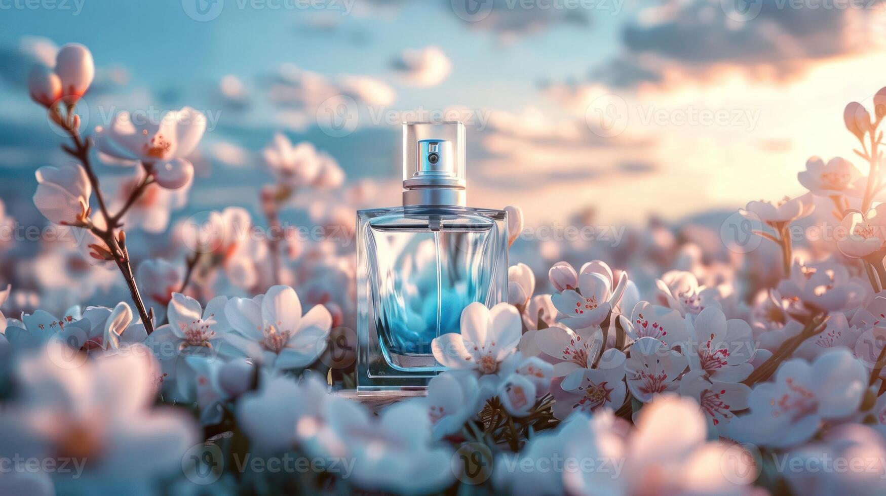 Elegant perfume bottle surrounded by blooming flowers under a vibrant sunset sky photo