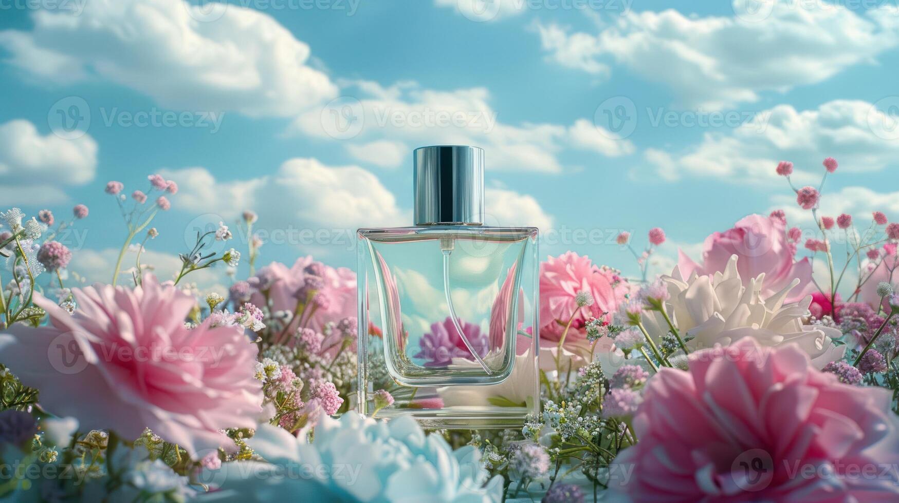 Elegant perfume bottle surrounded by vibrant flowers under a bright blue sky, evoking freshness photo