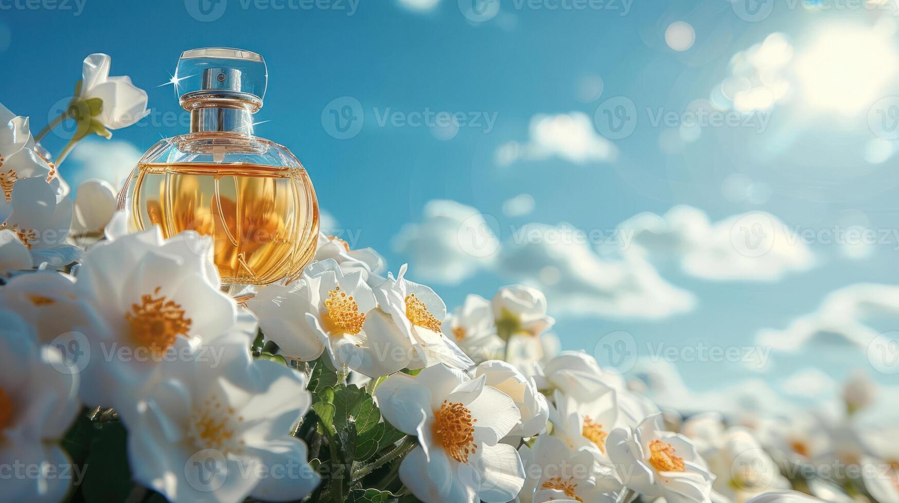 Elegant perfume bottle resting among blooming white flowers under a bright blue sky photo