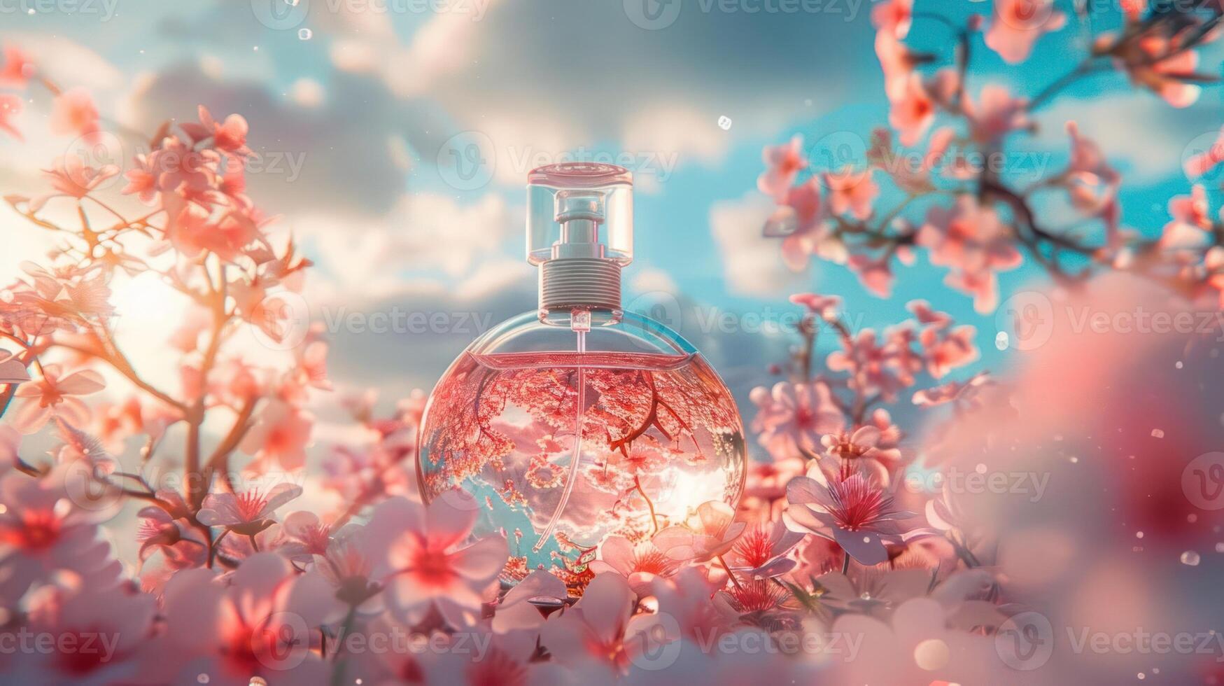Elegant perfume bottle surrounded by blooming cherry blossoms under a vibrant sky at sunset photo
