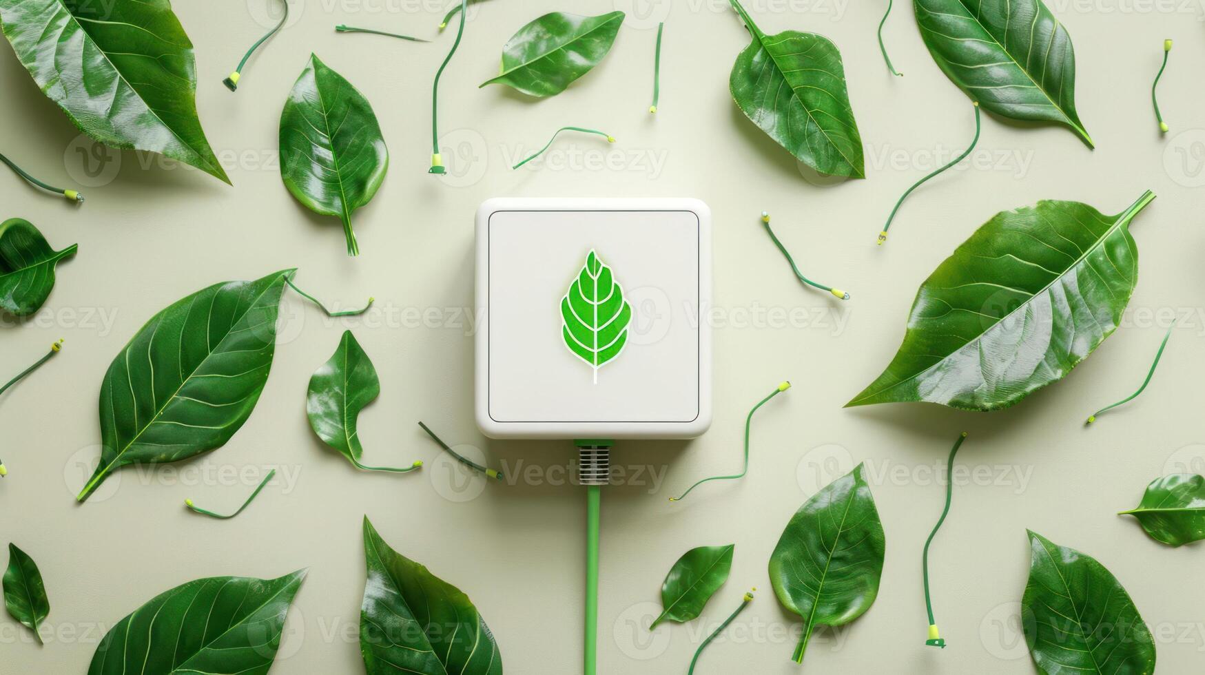 Green leaves surrounding a power adapter with a leaf design, symbolizing eco-friendly technology photo