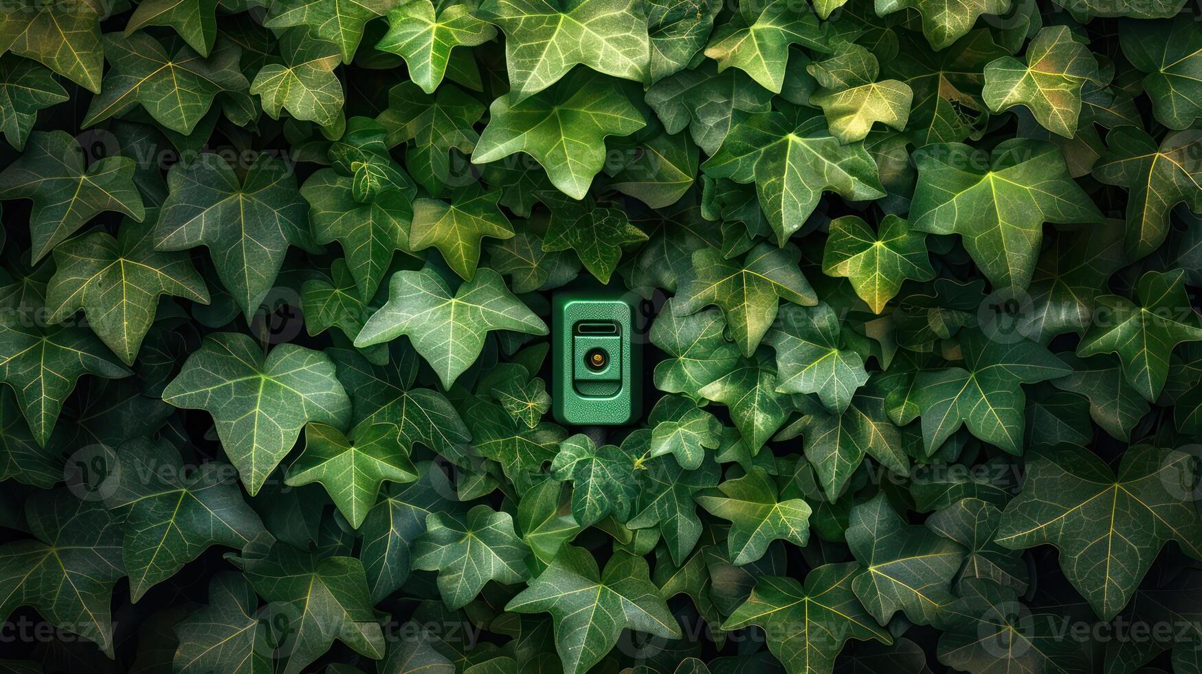 A green switch embedded in lush ivy leaves, symbolizing nature's integration with technology photo