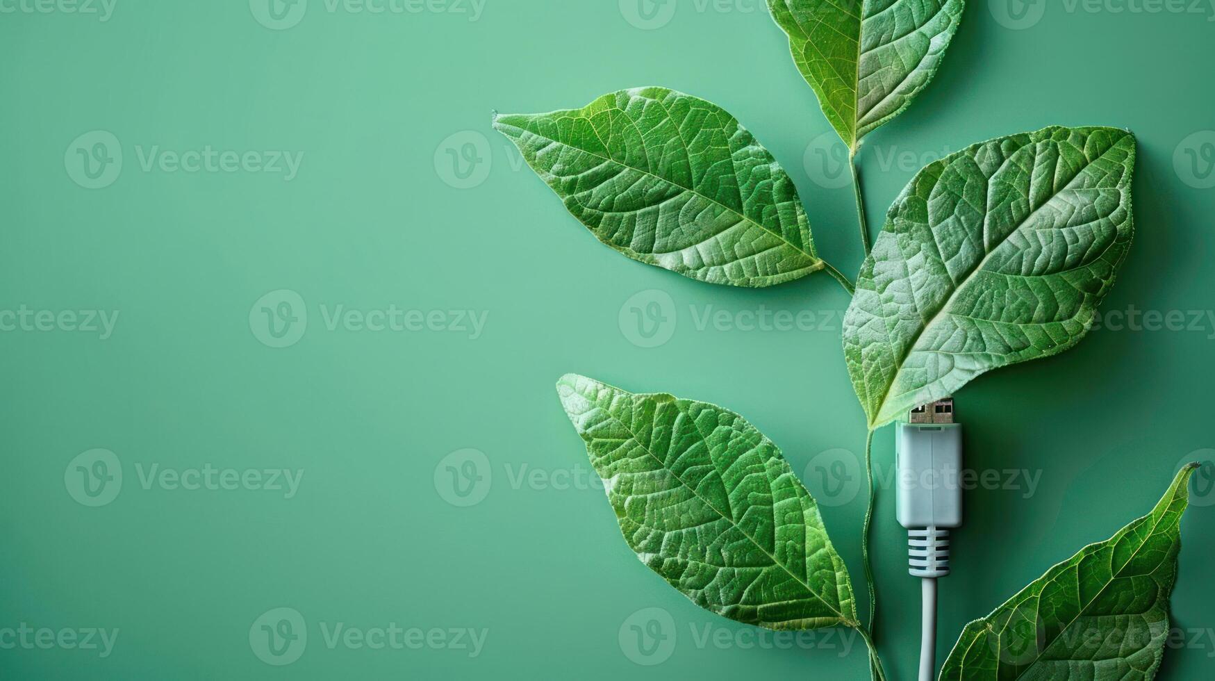 Green leaves intertwined with a USB cable on a smooth green background, symbolizing technology and nature photo
