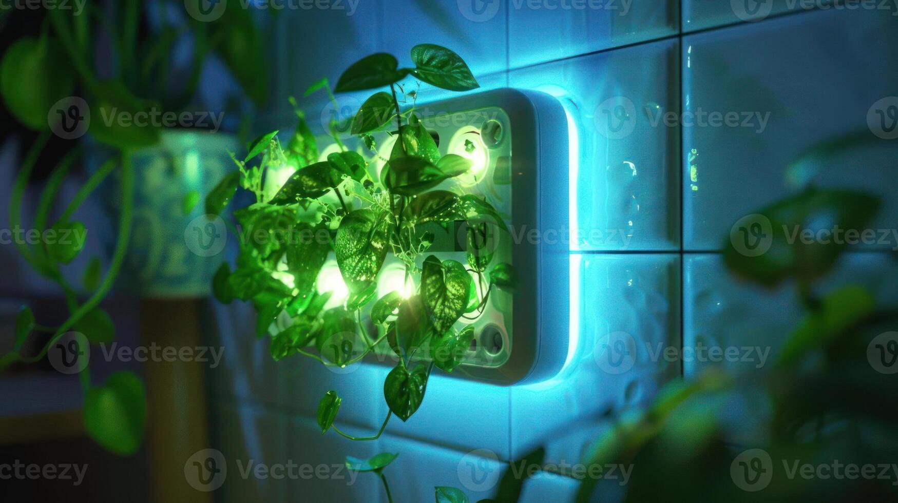 Modern indoor garden with glowing hydroponic system and lush green plants in a cozy setting photo