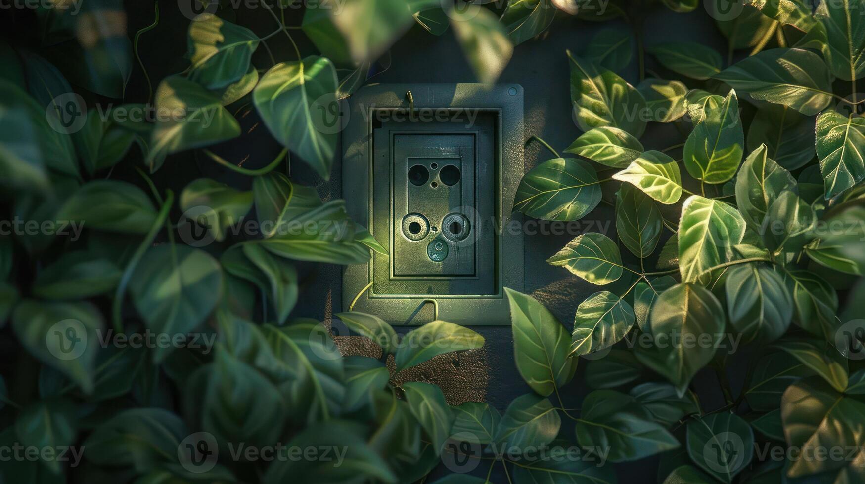 A power outlet surrounded by lush green leaves in a serene garden setting, highlighting nature's embrace photo