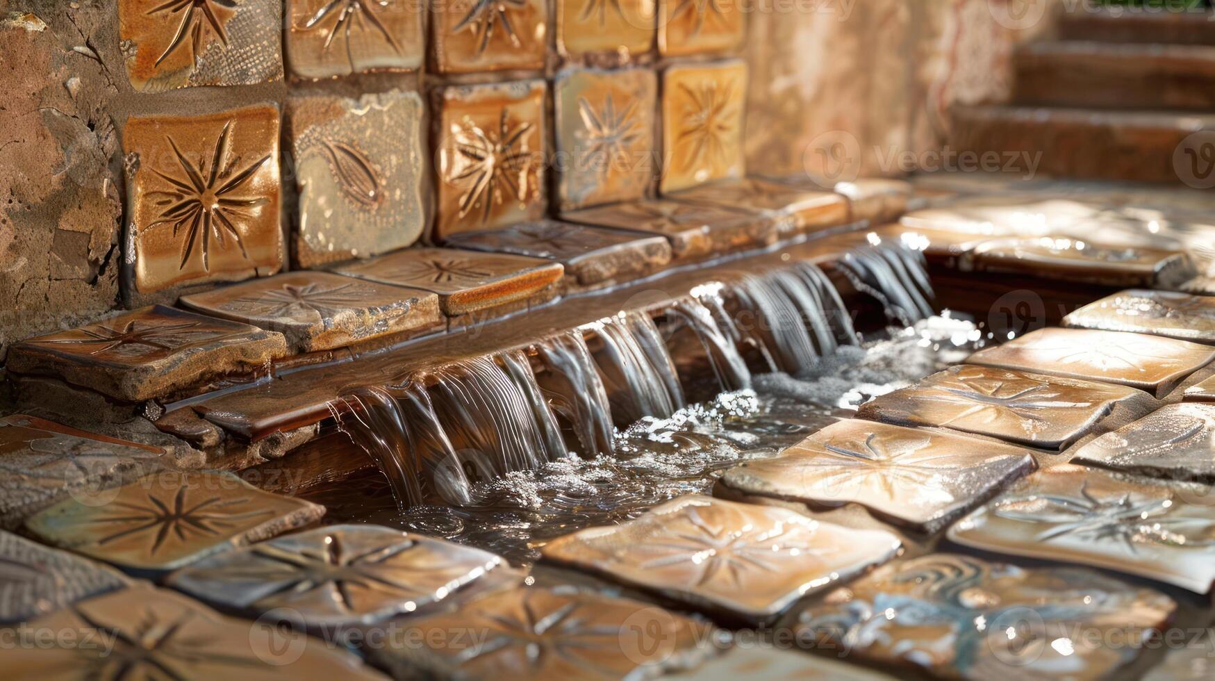Serene water feature with ornate tiles in a tranquil outdoor setting surrounded by greenery photo