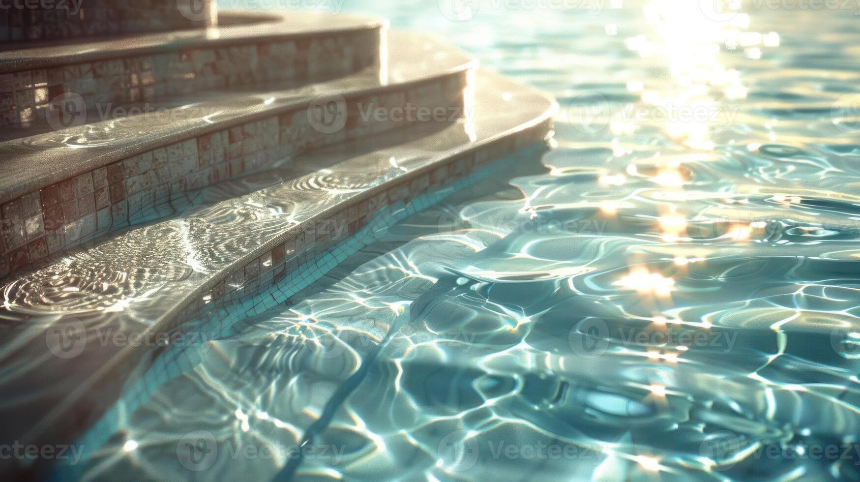 Serene Swimming Pool Steps Reflecting Sunlight with Gentle Water Ripples in Background photo