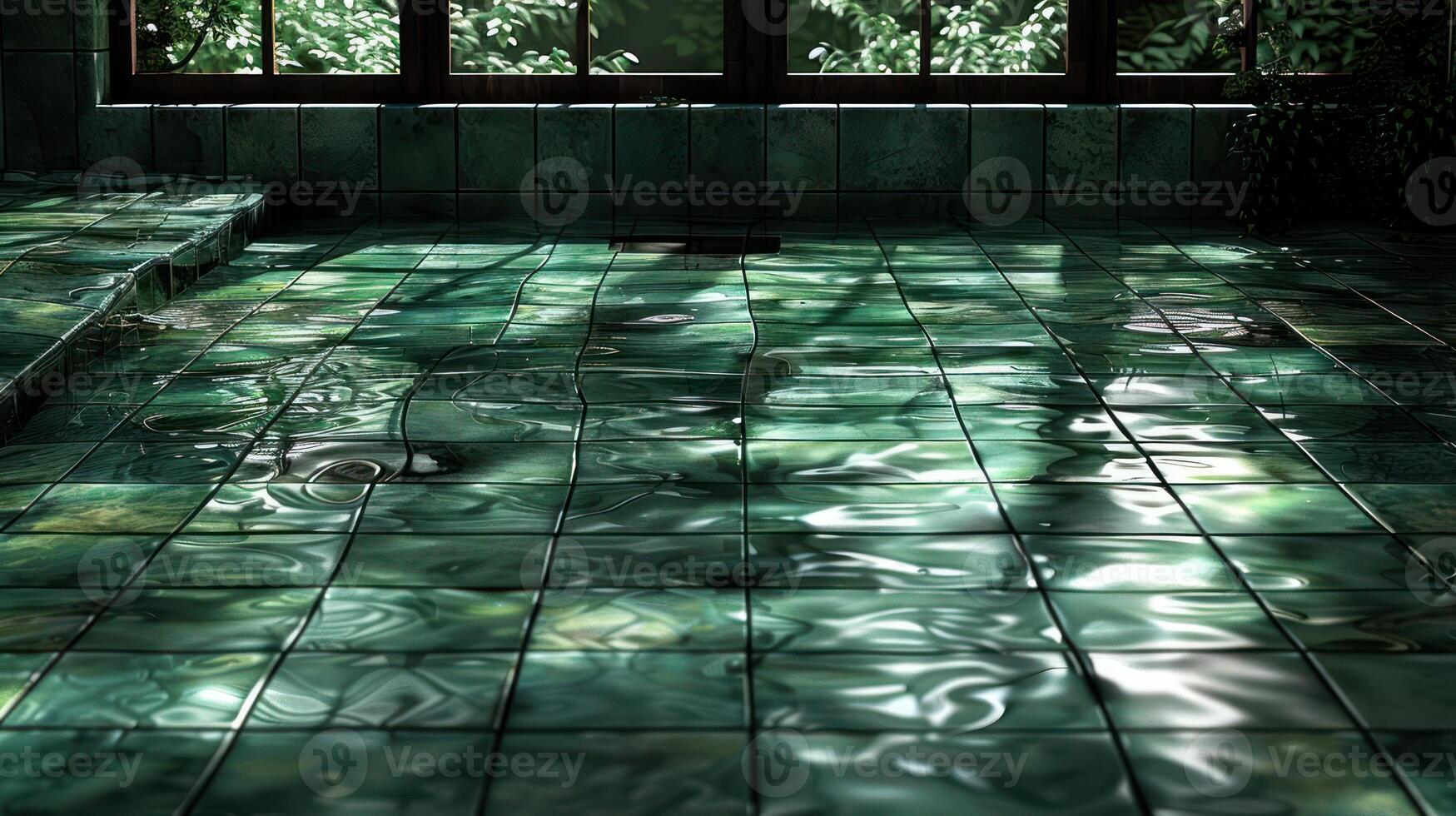 Serene indoor space with green tiled floor reflecting light and water, surrounded by lush greenery photo