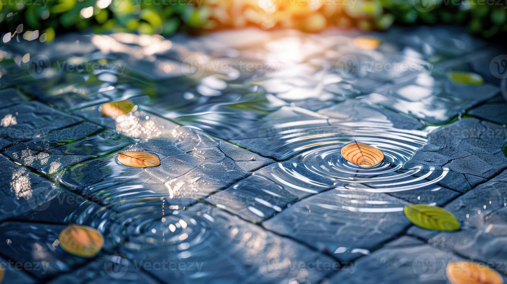 Serene puddles reflecting light on textured stone pavement with autumn leaves scattered around photo