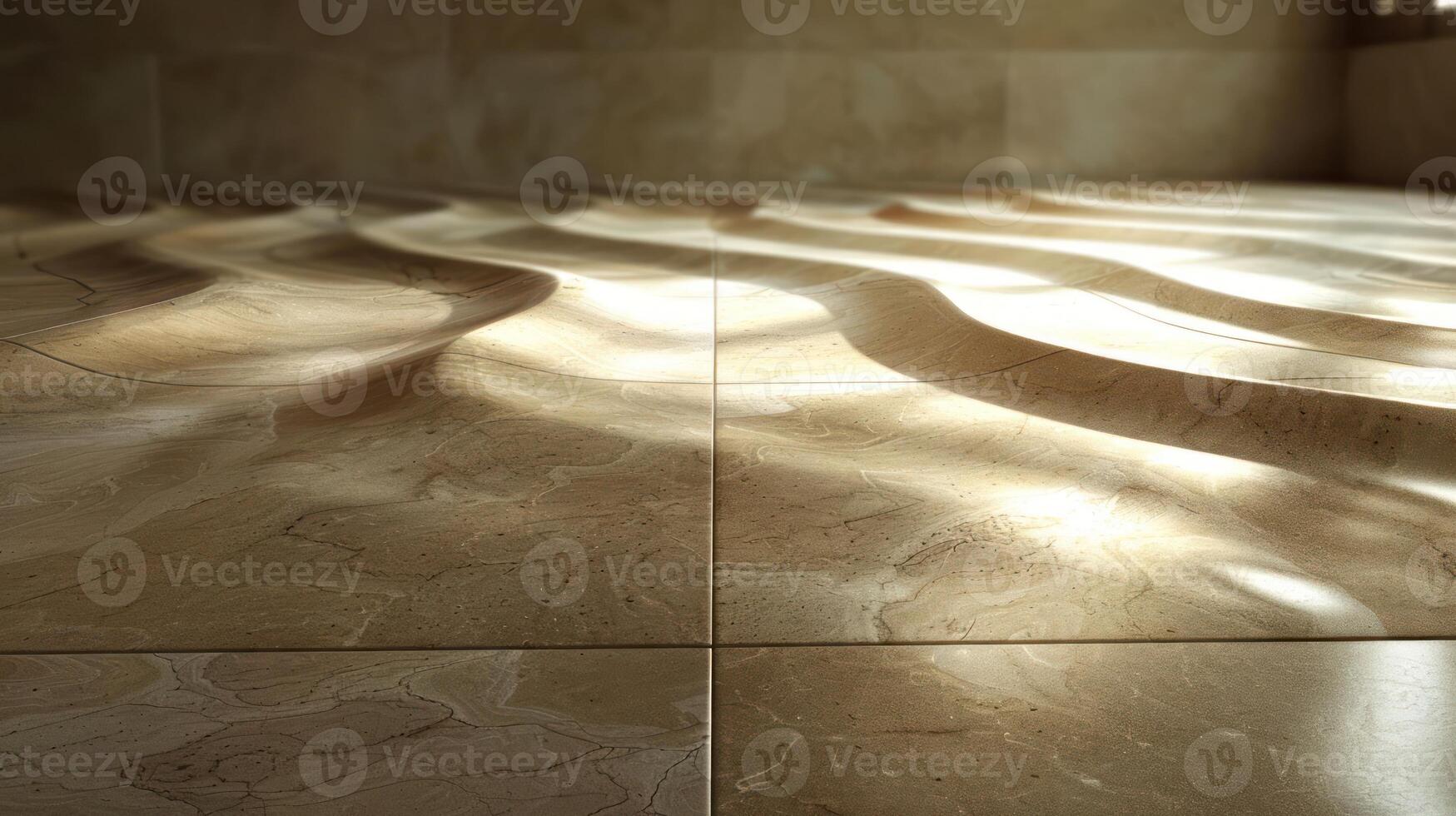 Sunlight casting dynamic shadows on textured marble tiles in a serene indoor space photo