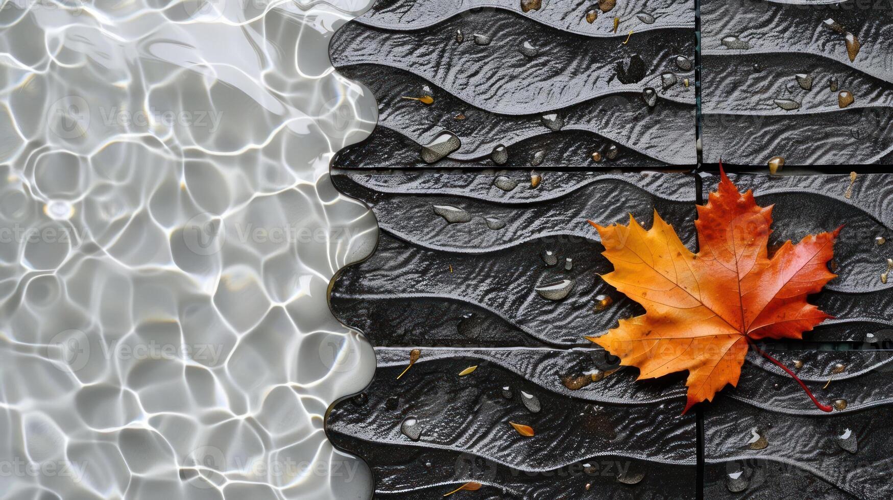 Autumn leaf resting on textured tiles beside shimmering water in a serene outdoor setting photo