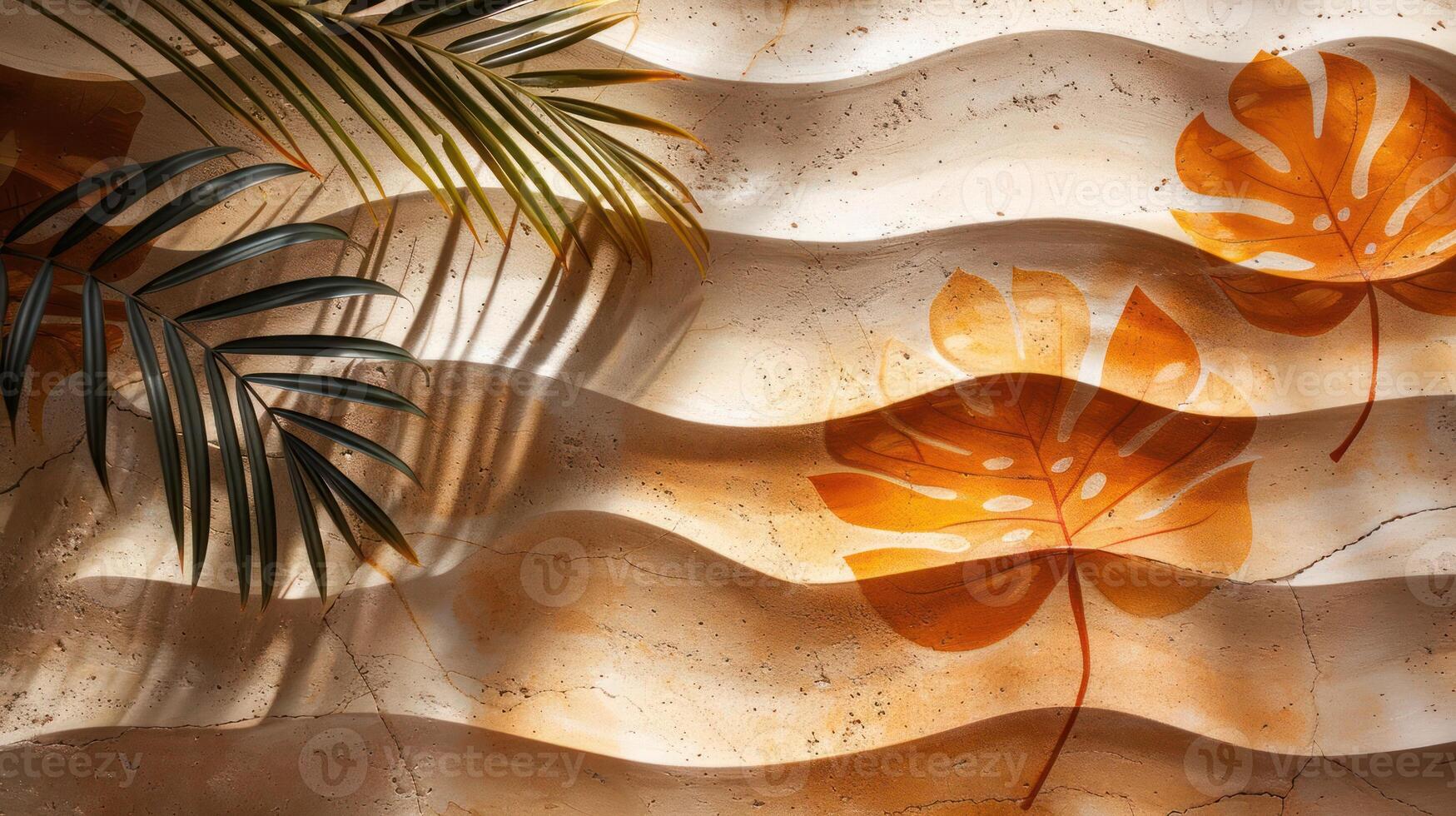 Abstract design featuring wavy textures with tropical leaves casting shadows in warm tones photo