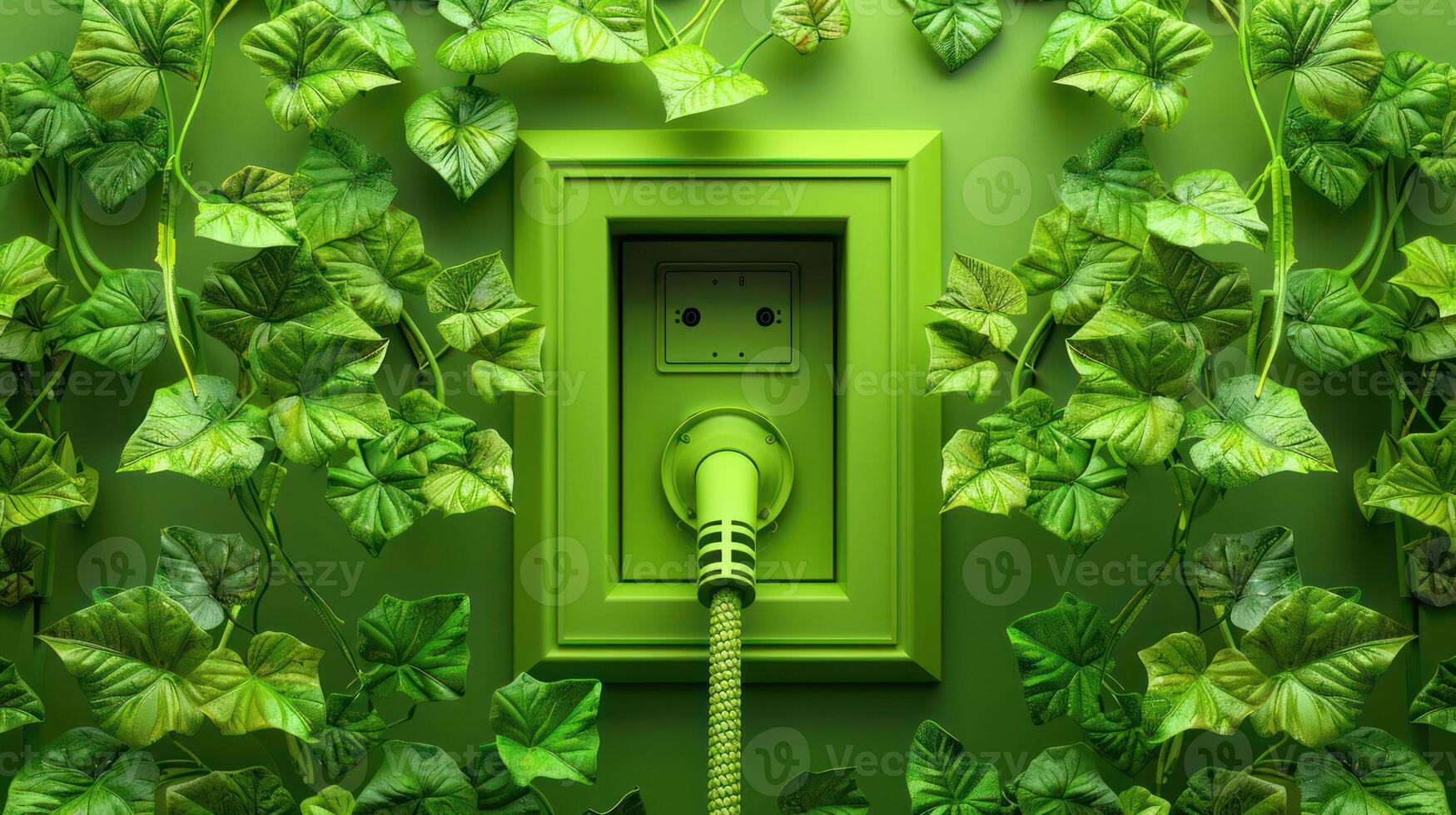 Green wall with an electrical outlet surrounded by lush ivy, symbolizing eco-friendly energy use photo