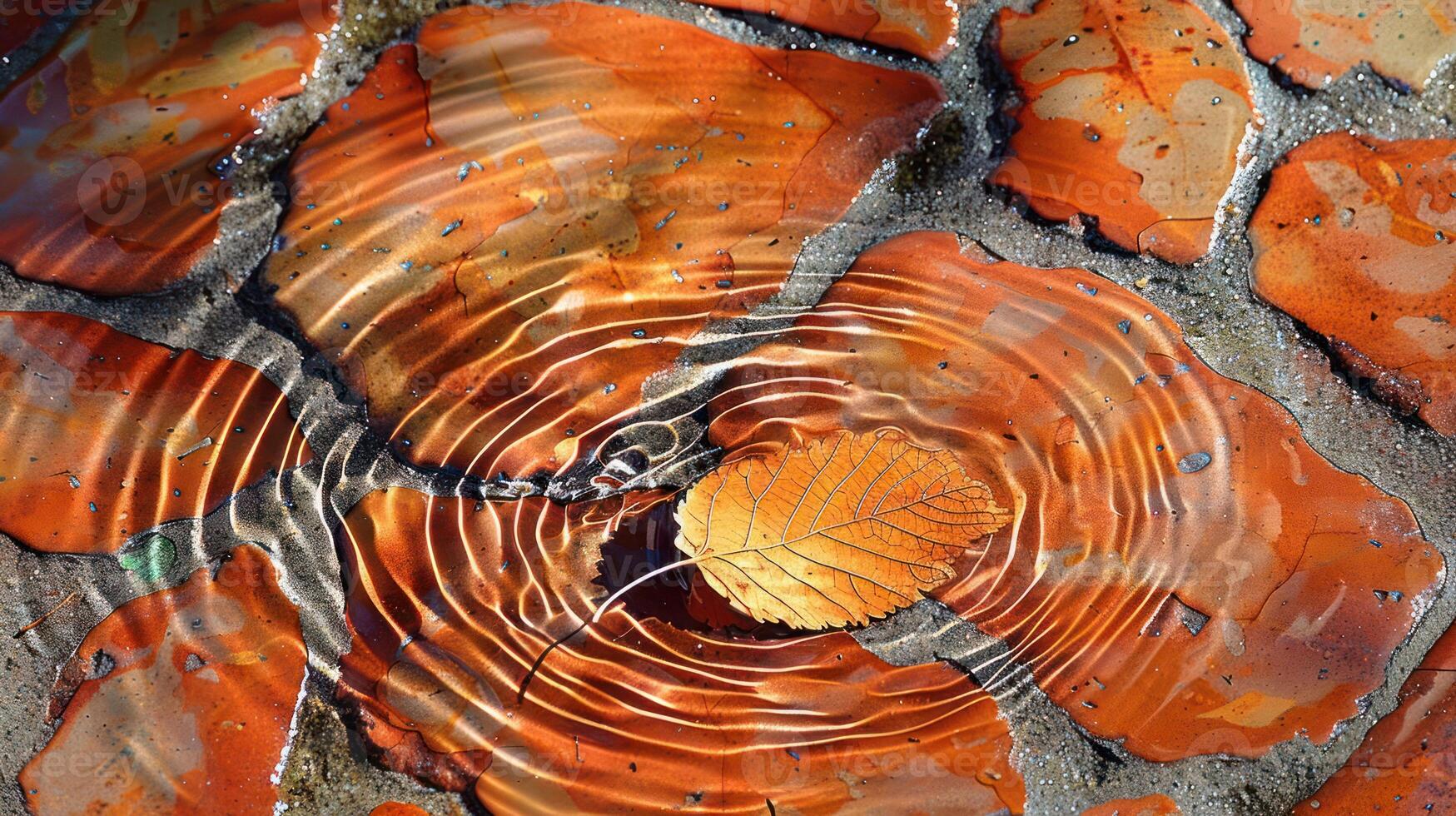Vibrant autumn leaves floating on water, creating ripples in a serene natural setting photo