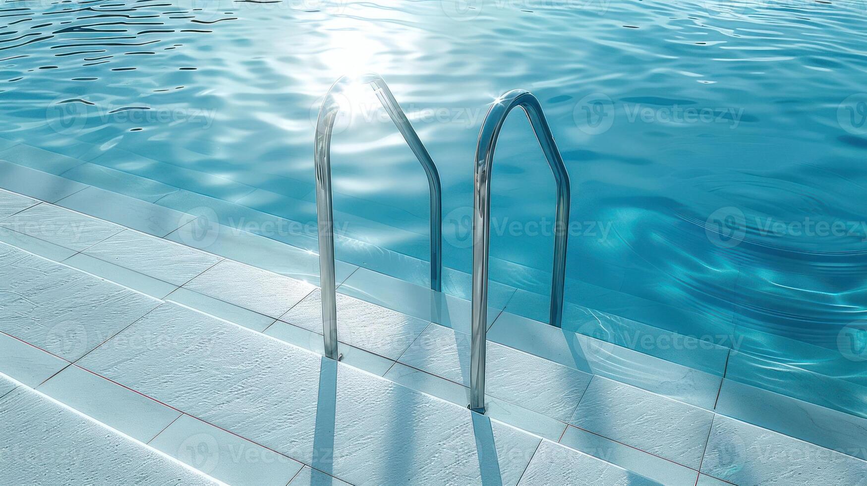 Swimming pool with shiny water and metal ladder, sun reflecting on surface, serene atmosphere photo