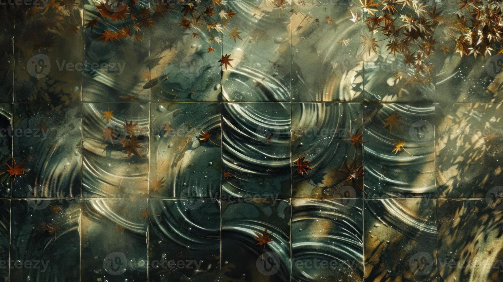 A serene landscape of reflective tiles scattered with autumn leaves under soft sunlight photo