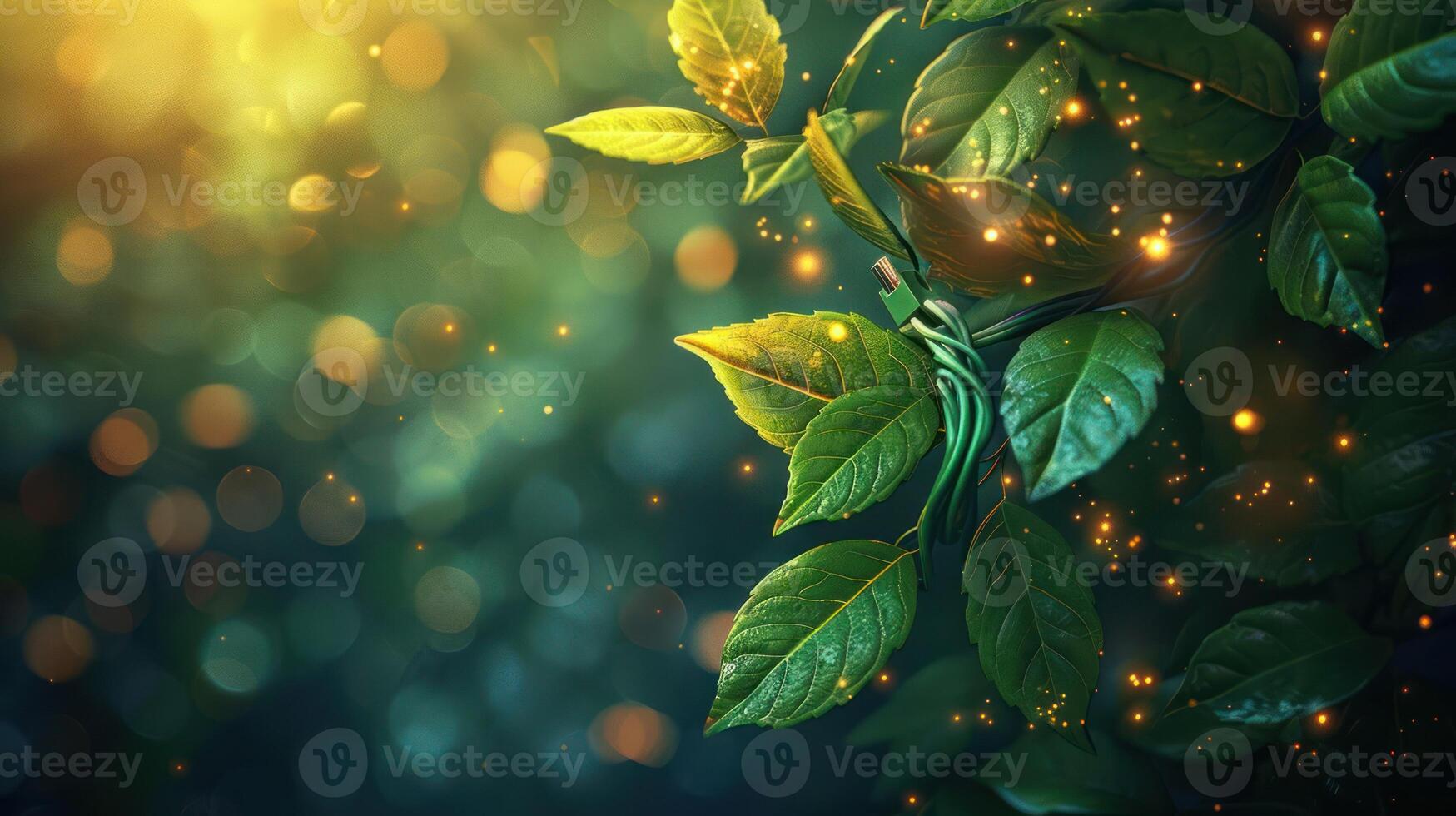 Lush Green Leaves Illuminated by Soft Light with Bokeh Effect in a Nature Setting photo