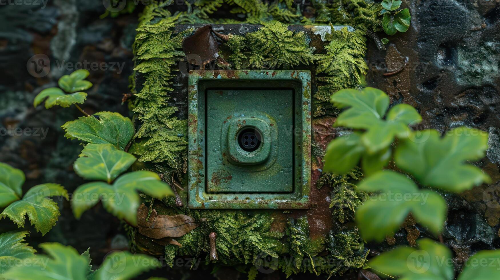 Close-up of a weathered green electrical outlet surrounded by vibrant moss and ivy in nature photo