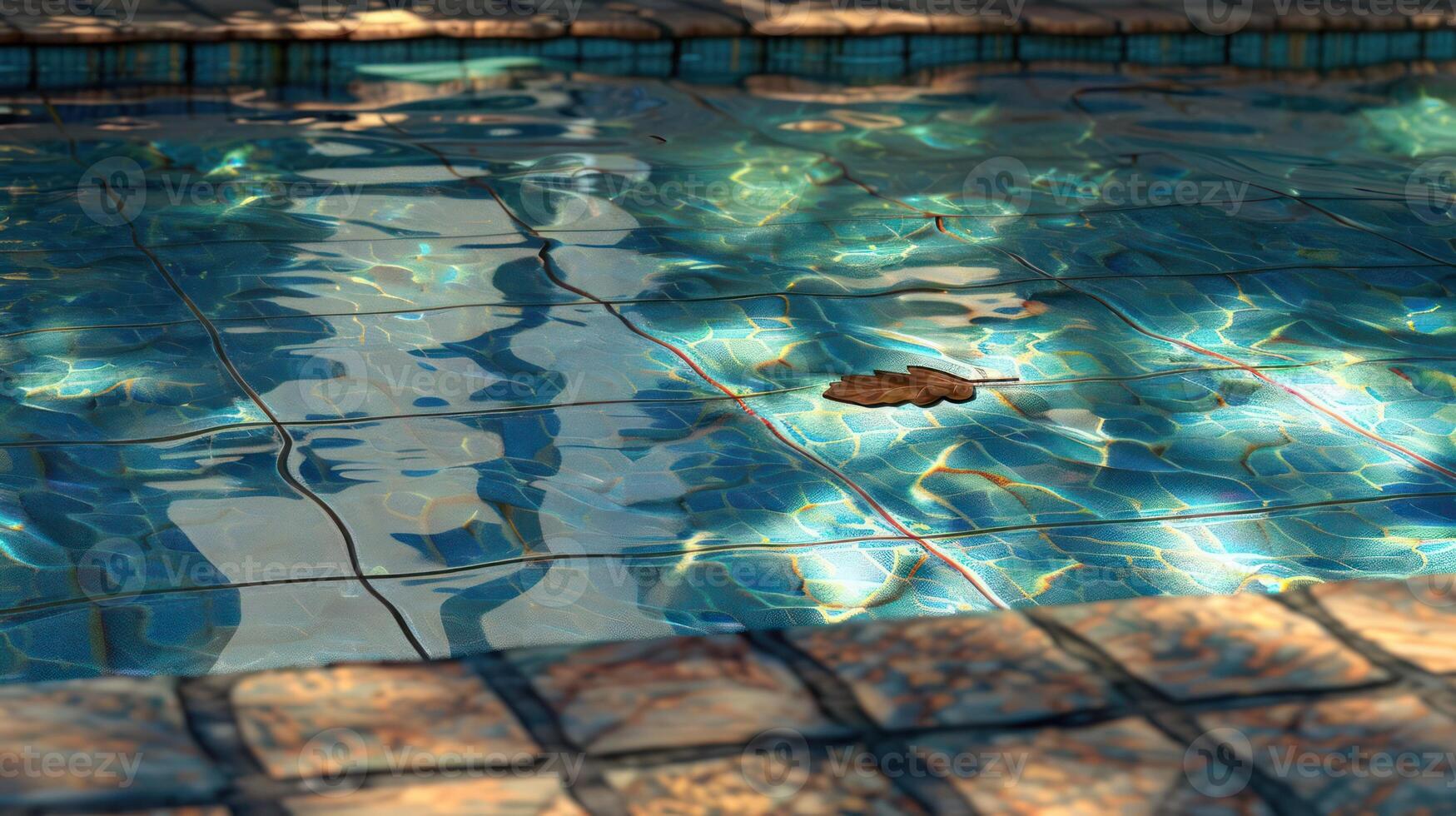 Serene swimming pool with shimmering blue tiles and a lone leaf floating on the surface photo