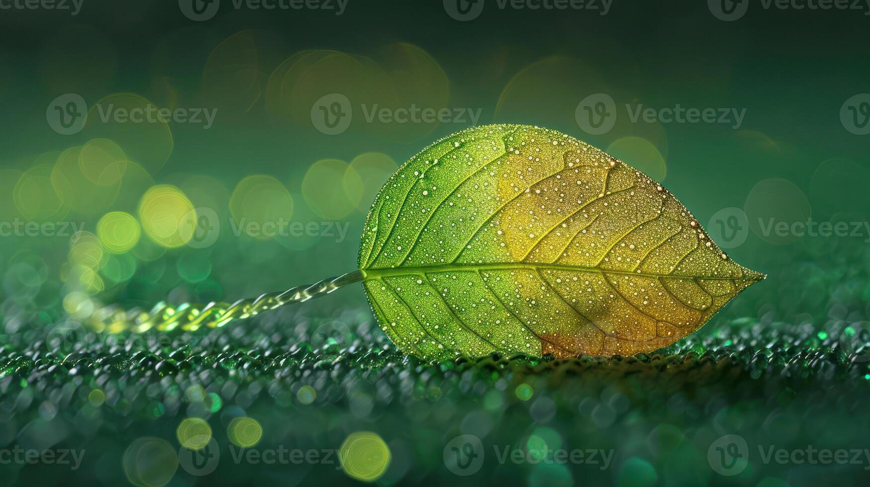 Close-up of a dew-covered leaf resting on a vibrant green surface, with soft bokeh background photo