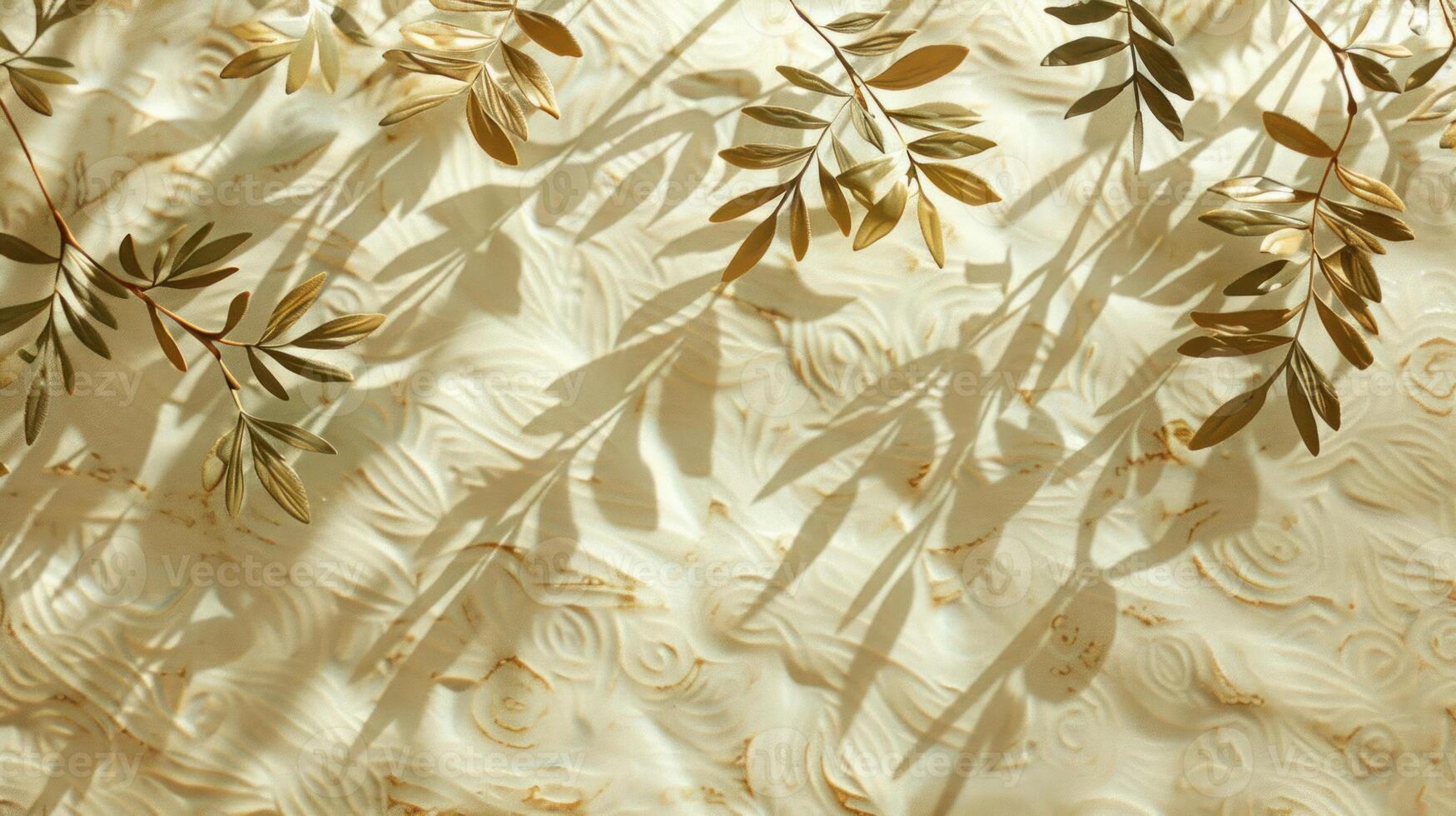 Elegant arrangement of olive leaves casting shadows on textured beige background, creating a serene ambiance photo
