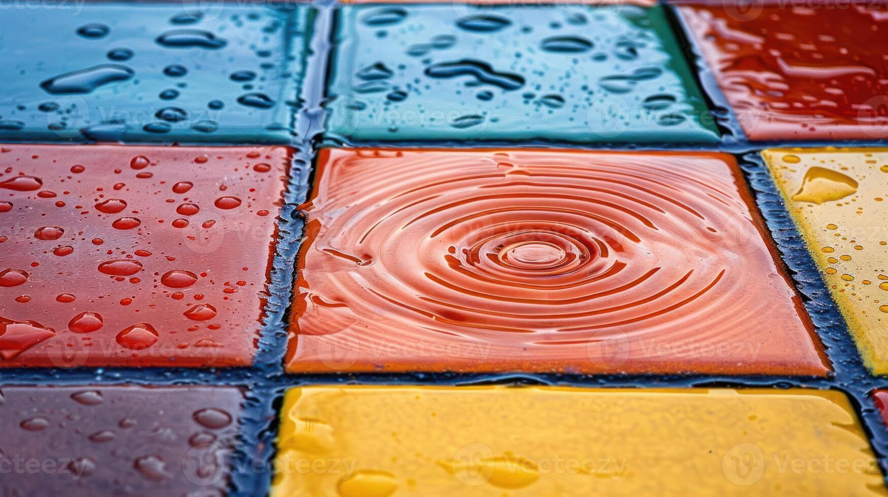 Close-up of colorful tiles with water droplets and ripples, showcasing vibrant patterns and textures photo