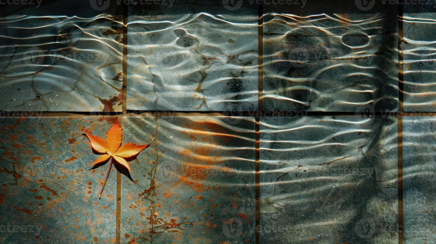 Tranquil autumn scene with a vibrant leaf floating on water, reflecting ripples and textures photo