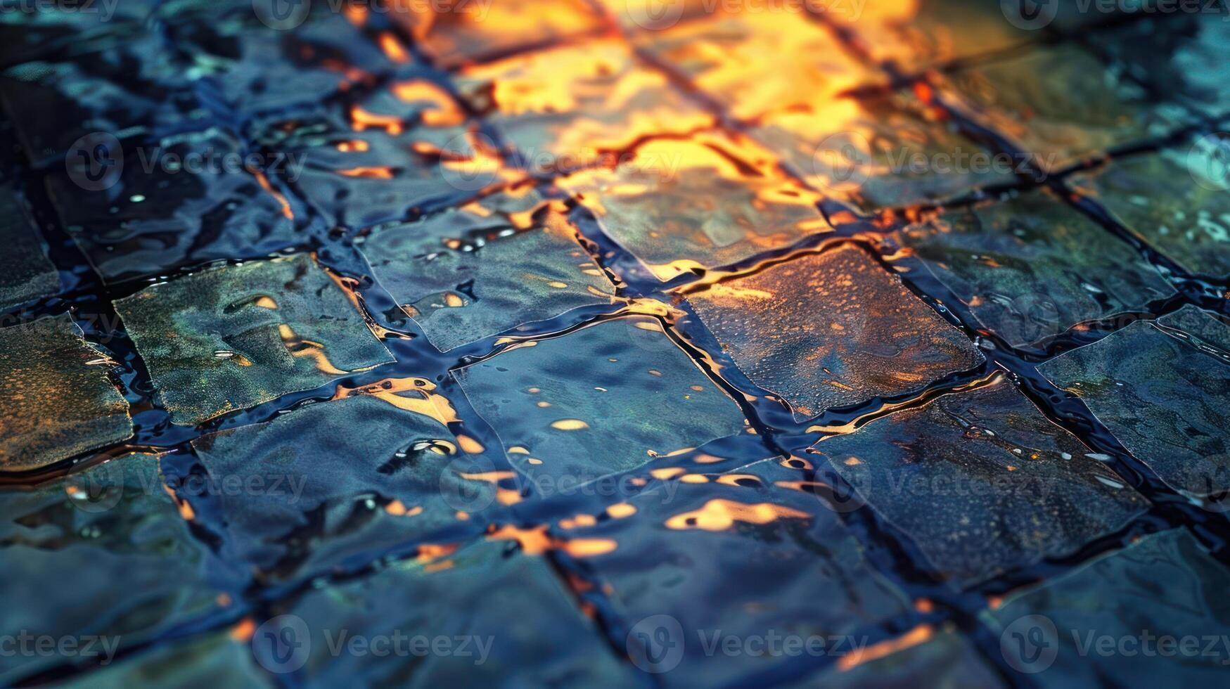 Close-up of shimmering water reflecting light on textured tiles, creating a serene atmosphere photo