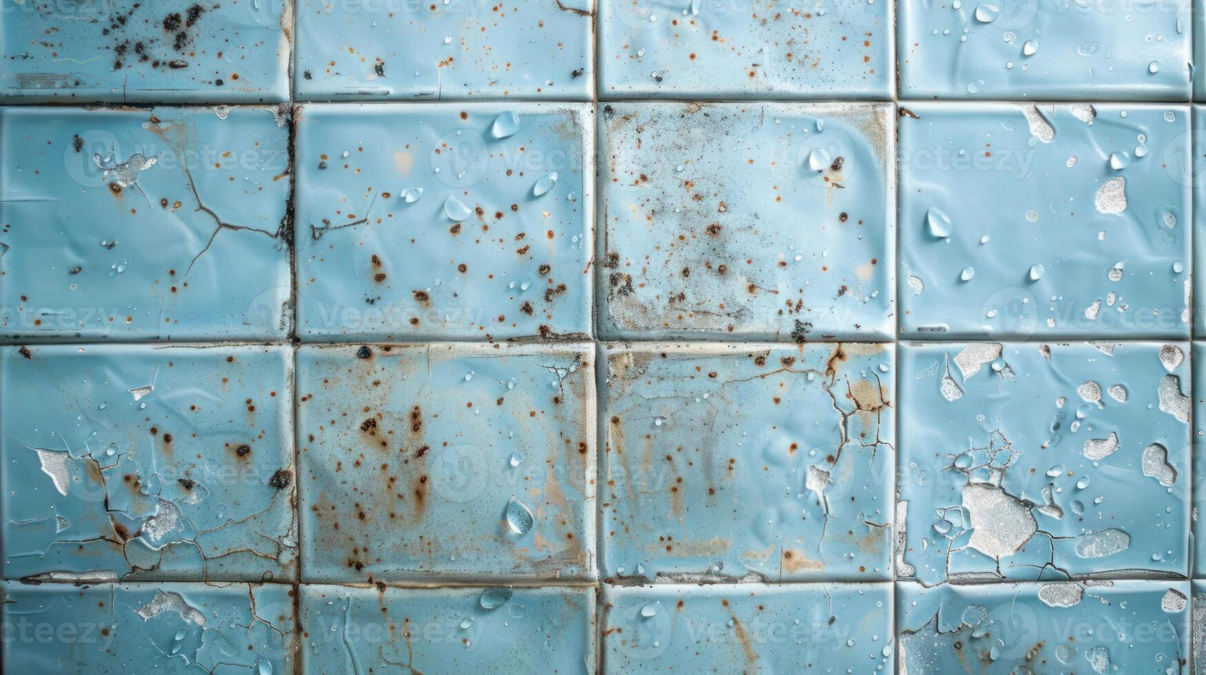 Close-up of weathered blue tiles showing peeling paint and rust stains in a bathroom setting photo