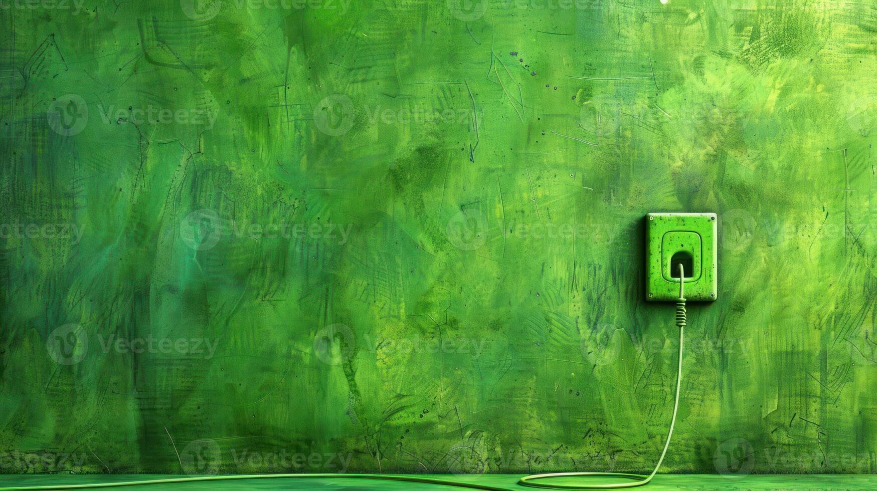 Vibrant green wall with electrical outlet and cord, showcasing modern interior design aesthetics photo