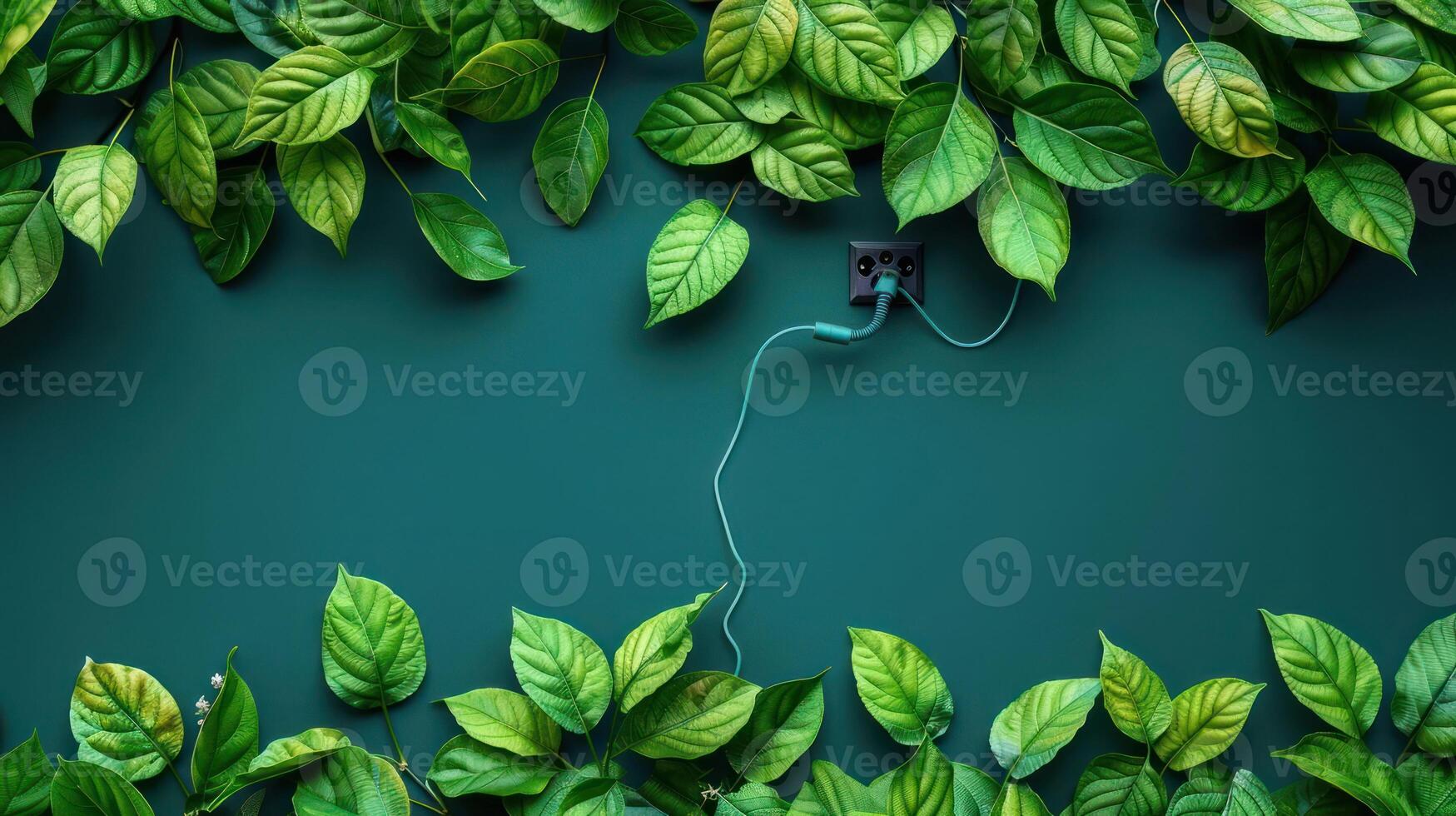 Lush Green Leaves Surrounding an Electrical Outlet on a Dark Background with Nature's Touch photo