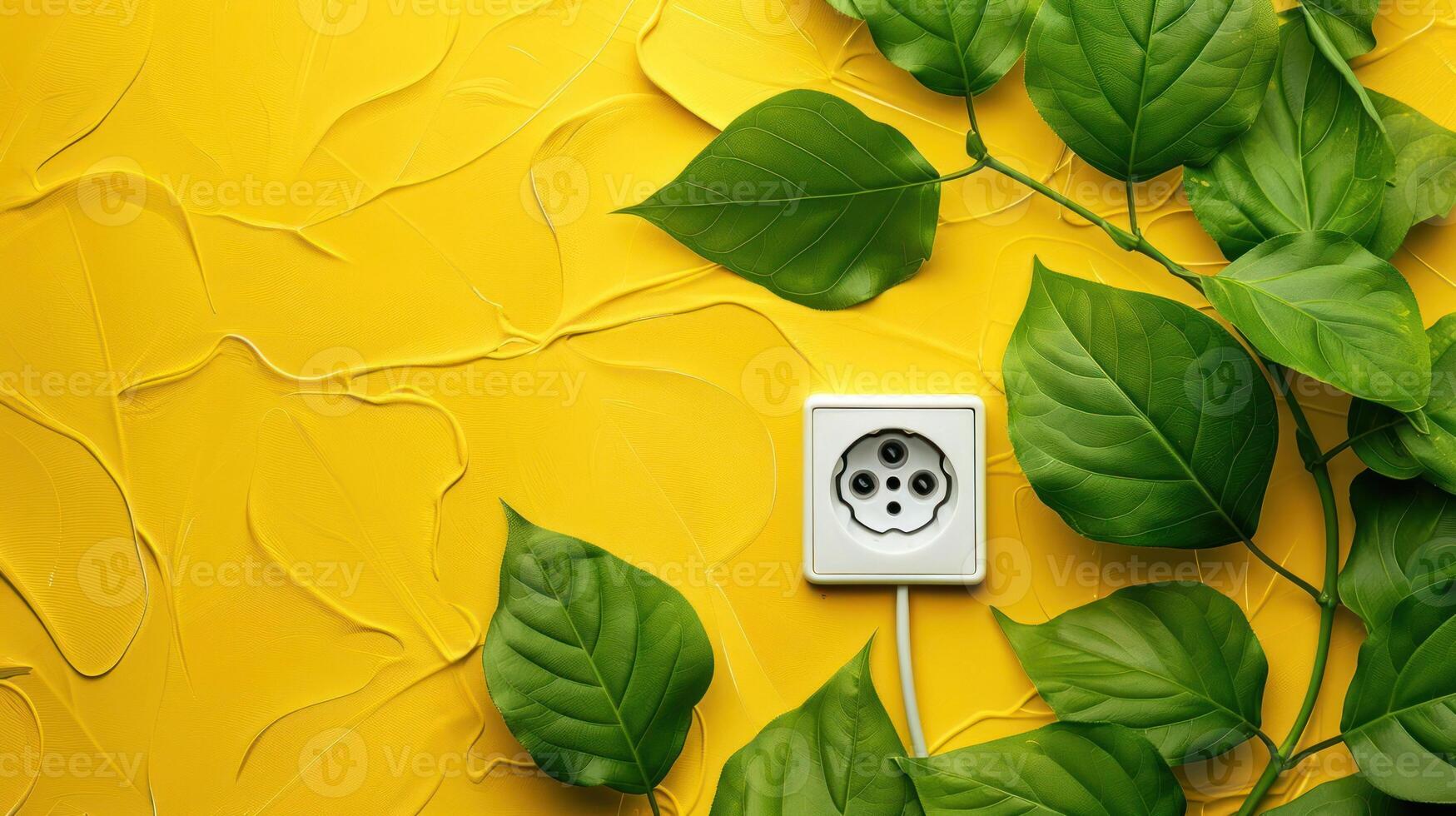 A vibrant yellow wall with textured patterns, featuring a power outlet and lush green leaves intertwined photo