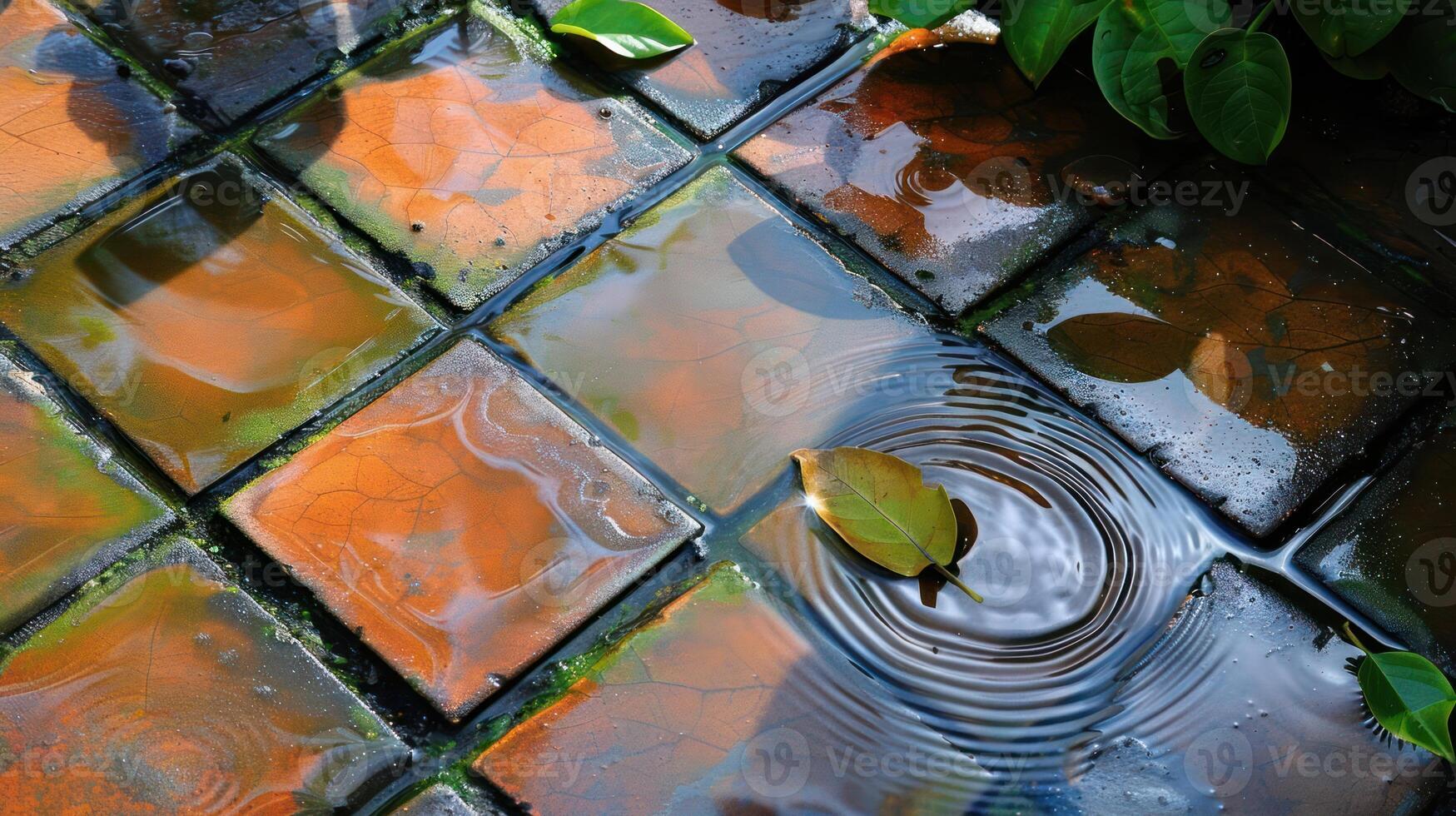 Rainwater pooling on colorful tiled pavement with leaves, surrounded by lush greenery photo