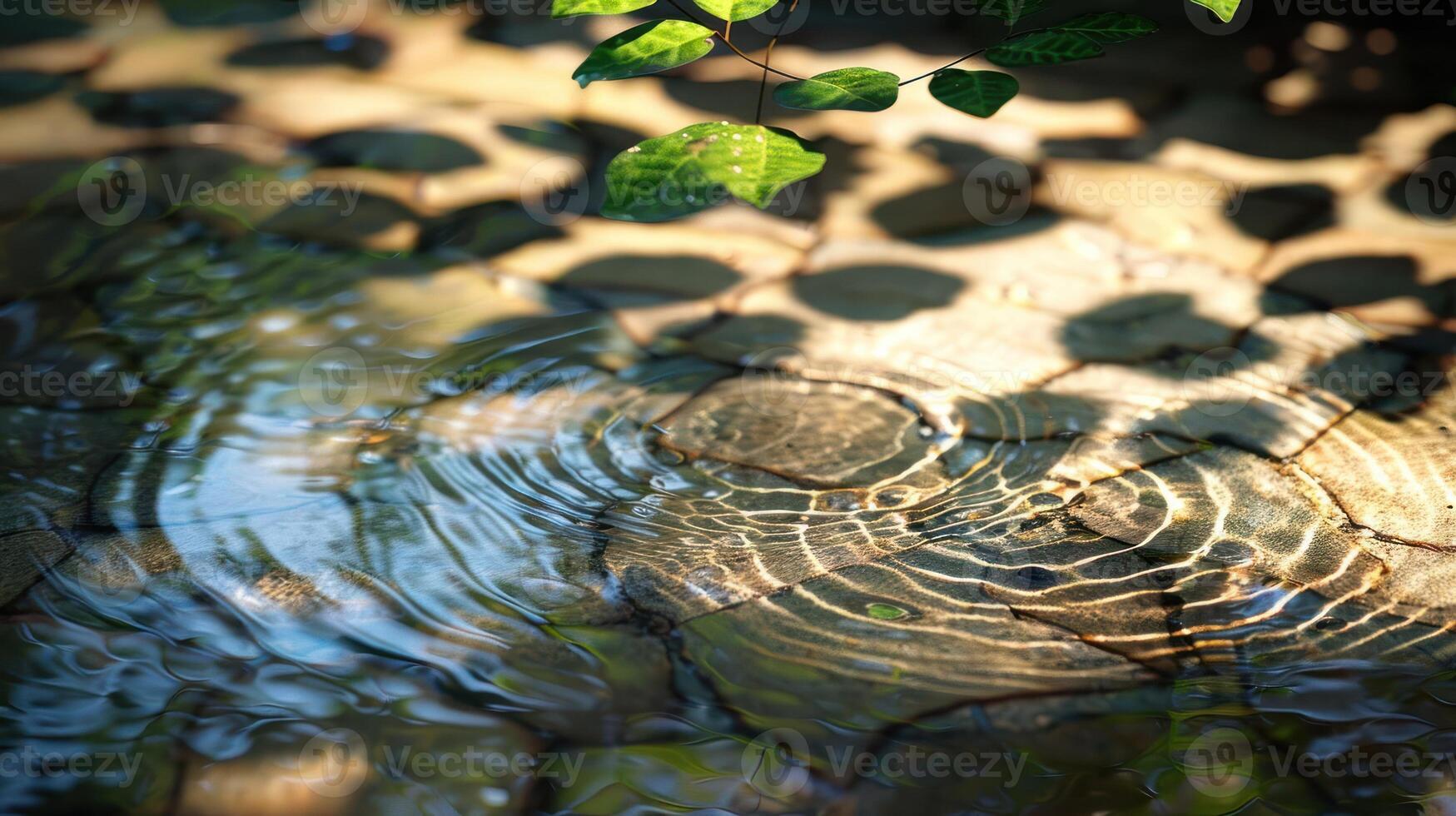 Rippling water over textured stones with leaves casting shadows in a serene outdoor setting photo