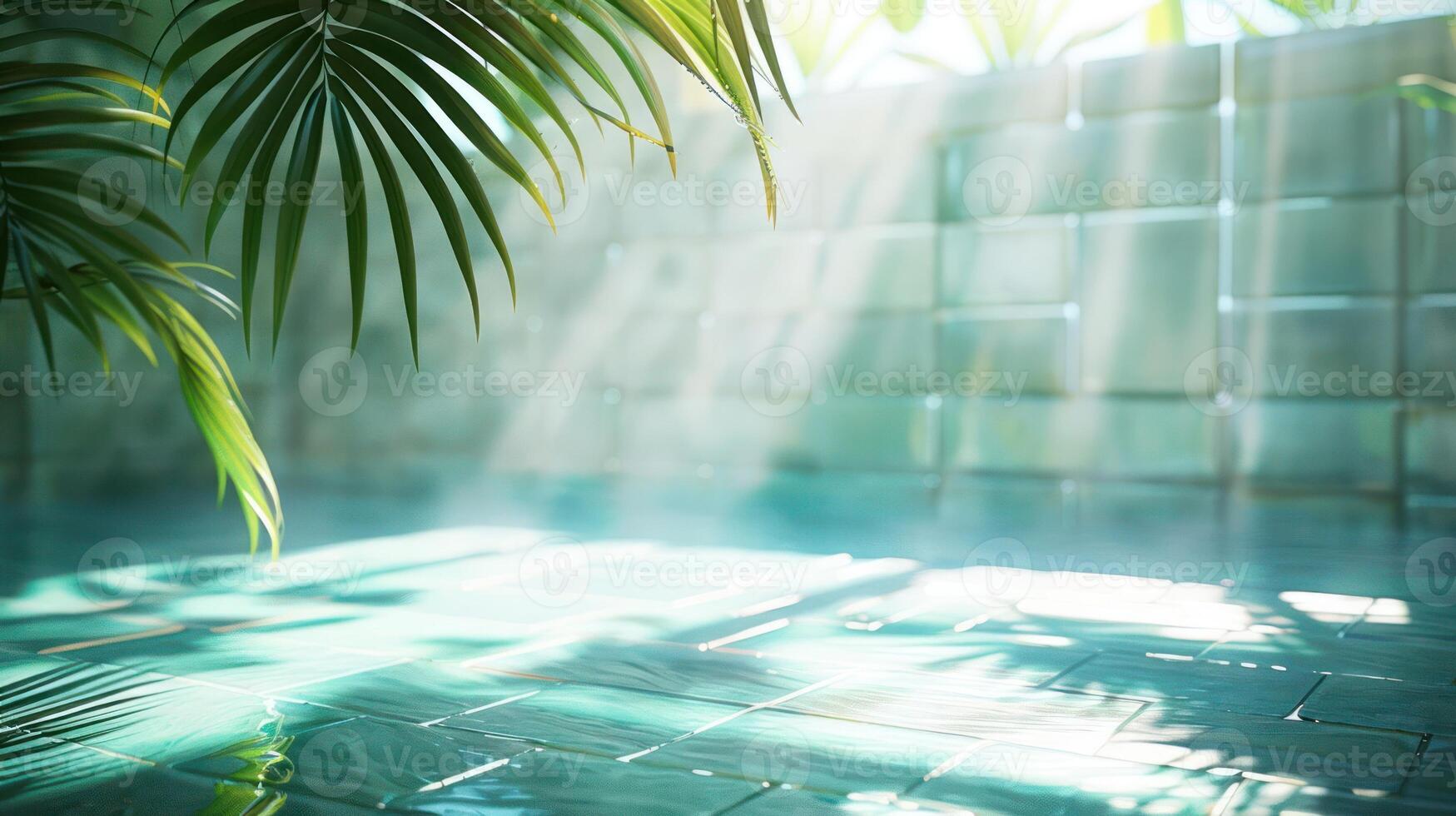 Serene indoor oasis with sunlight filtering through leaves, creating a tranquil atmosphere photo