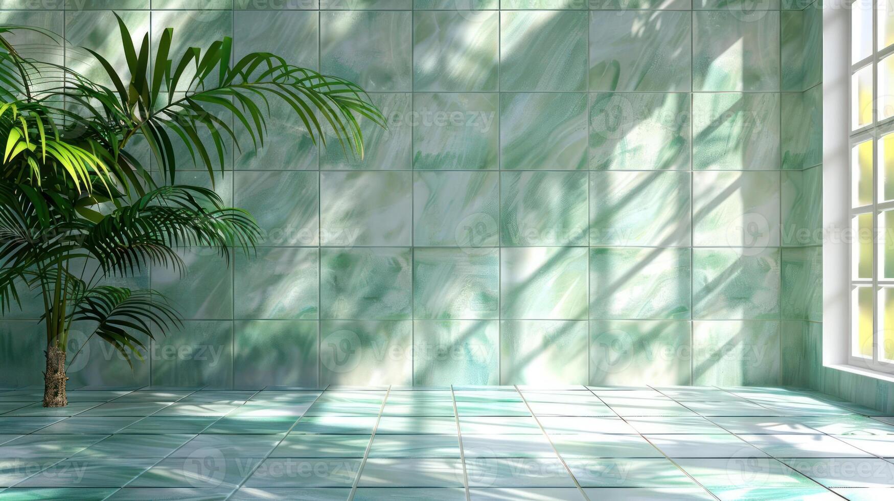 Bright and airy interior with green tiles and palm plant casting shadows by the window photo