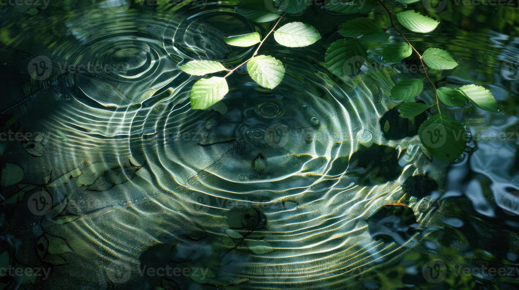 Tranquil water surface with ripples and green leaves reflecting natural light in a serene setting photo