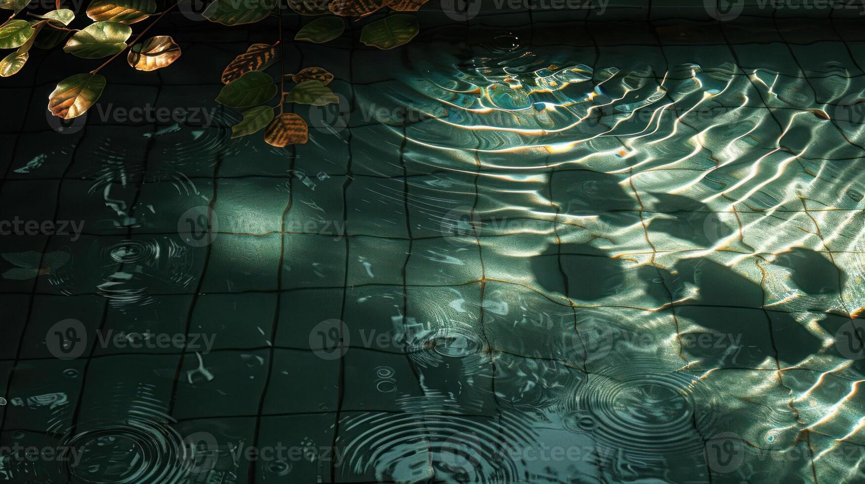 Serene water surface reflecting light with ripples, surrounded by green leaves in a tranquil setting photo