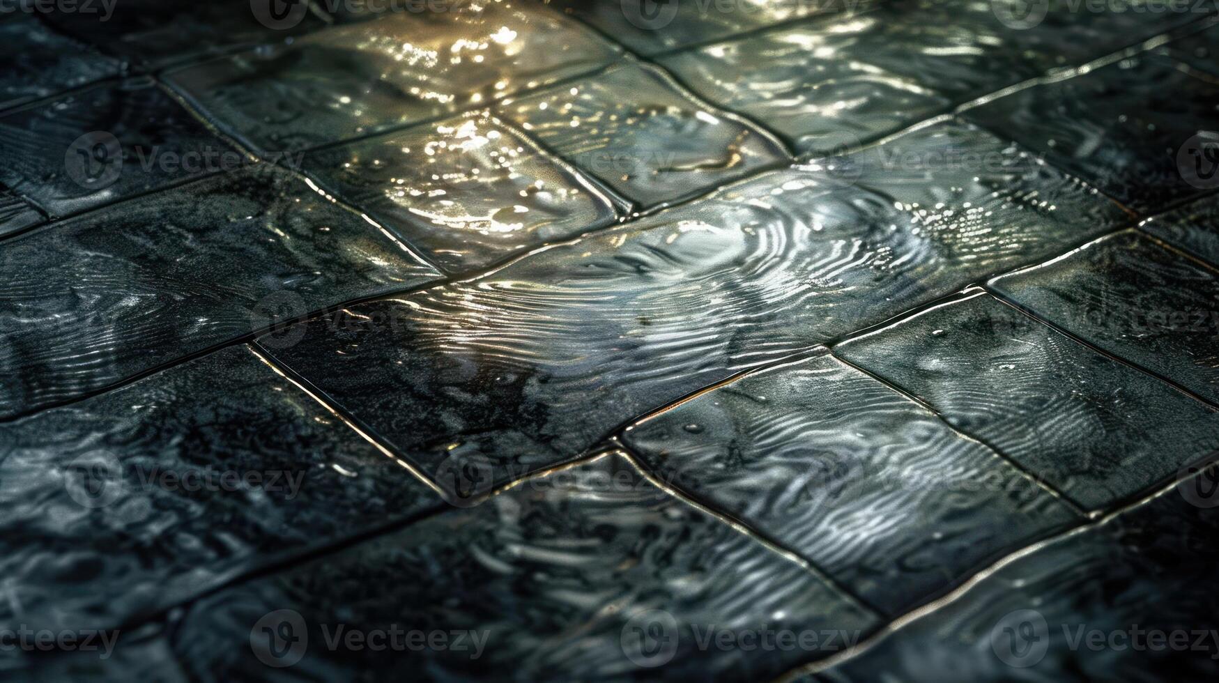 Wet cobblestone pavement reflecting light, creating a serene atmosphere in an urban setting photo