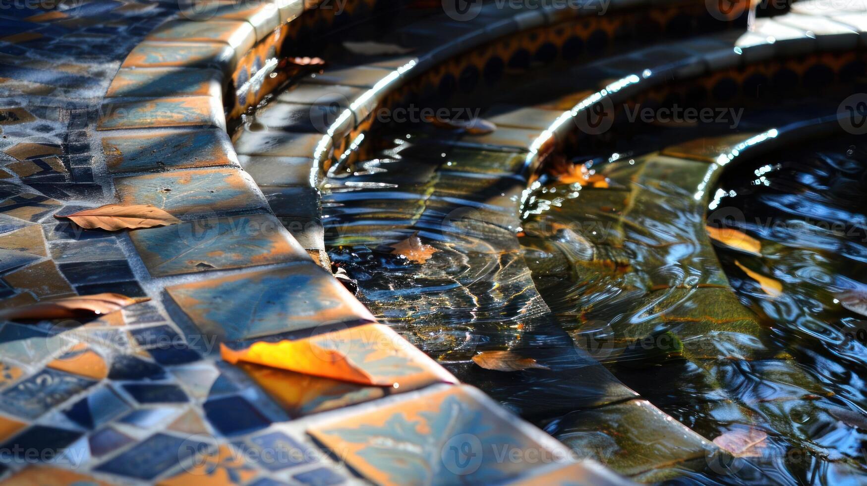 Tranquil water fountain surrounded by colorful tiles and autumn leaves in a serene garden photo