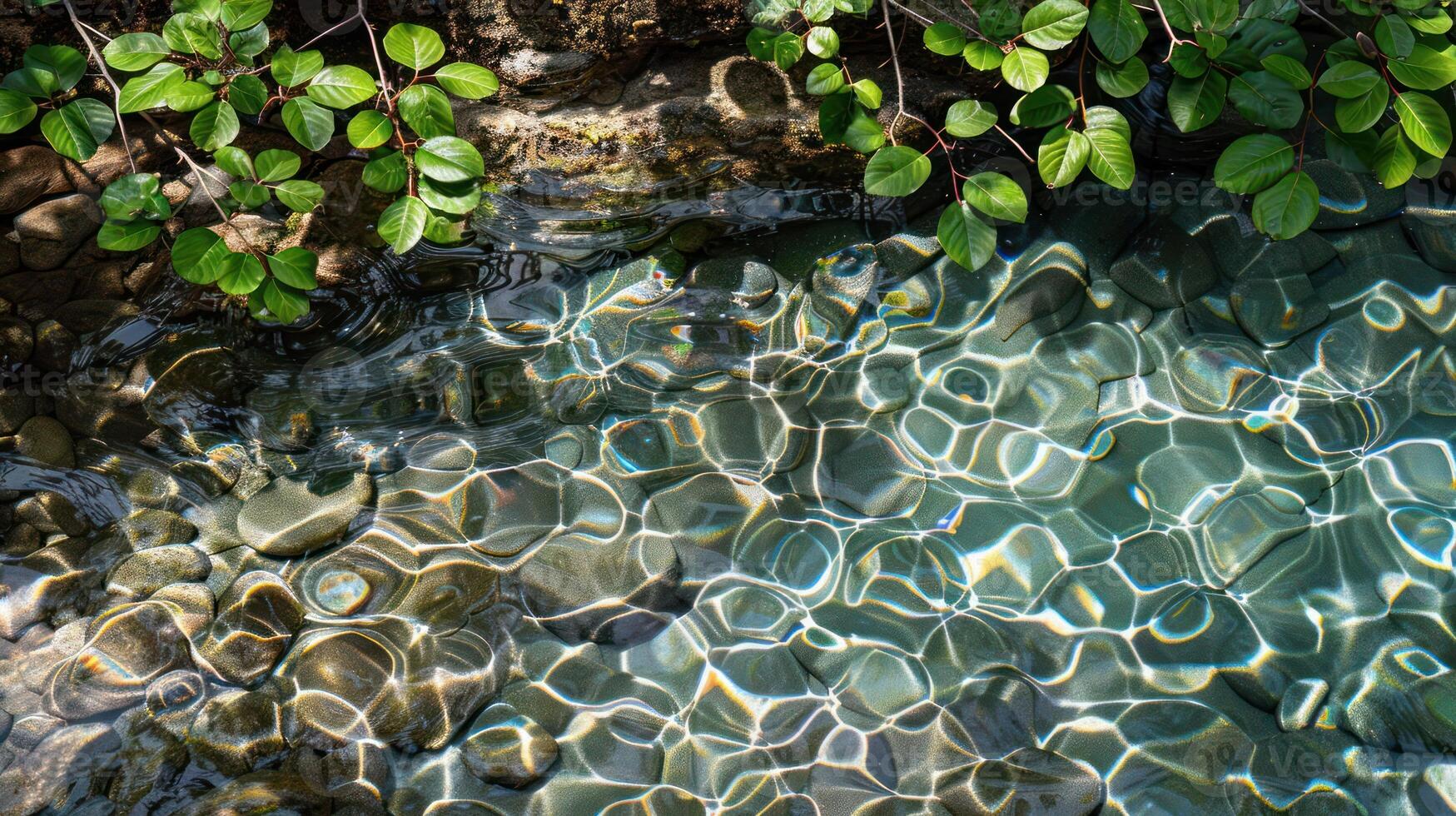 Tranquil stream with shimmering water reflections and lush green foliage surrounding it photo