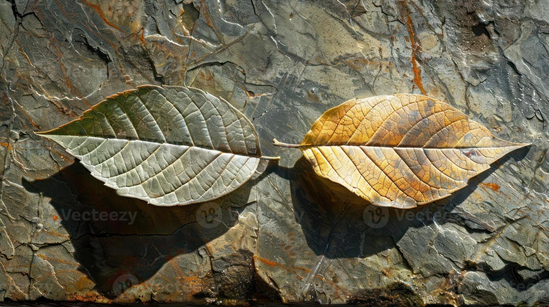 Two distinct leaves resting on textured stone, showcasing contrasting colors and textures photo